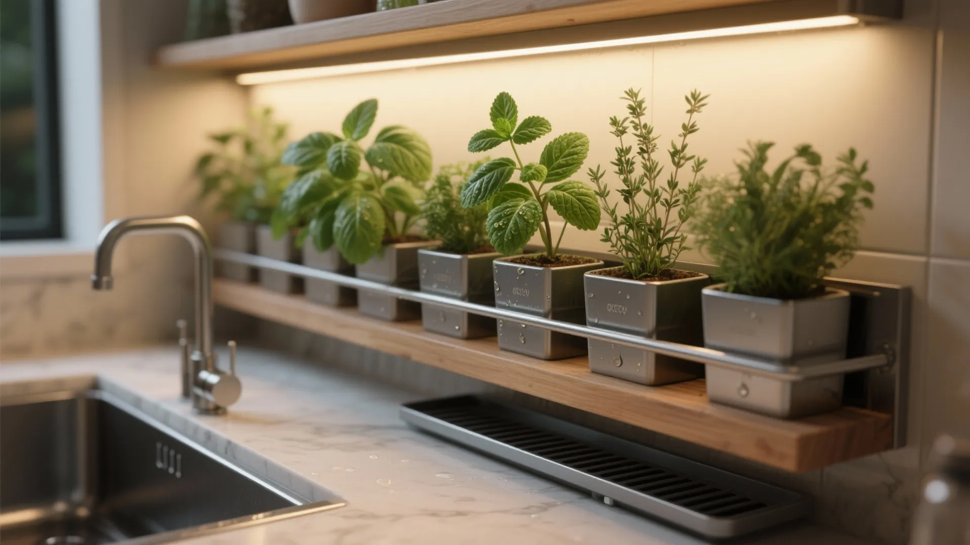 Close-up of a slim modular herb strip above a kitchen counter with basil and mint under a sink light.
