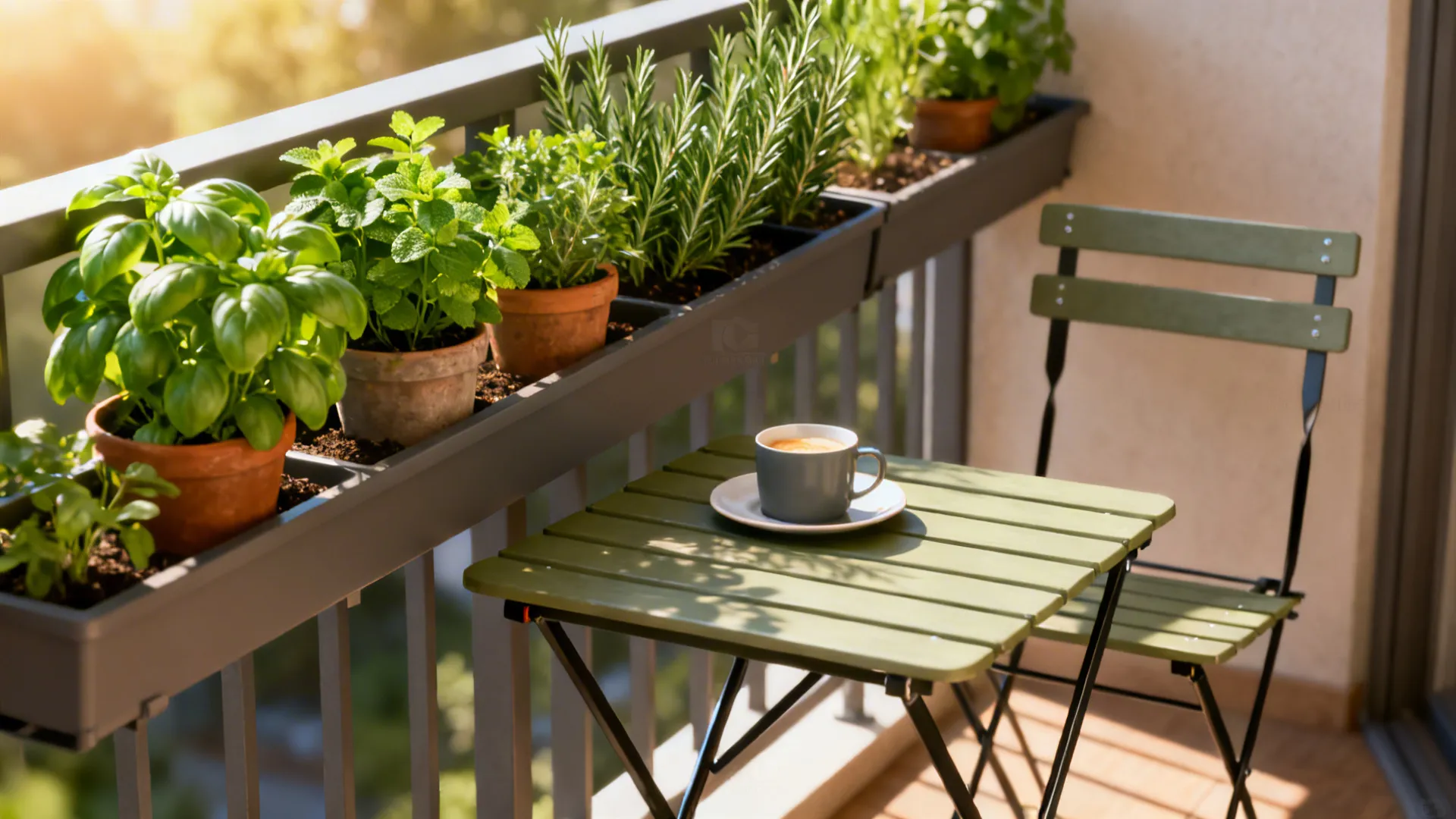 Narrow herb planters on a railing next to a small folding table set for breakfast in a tiny backyard.
