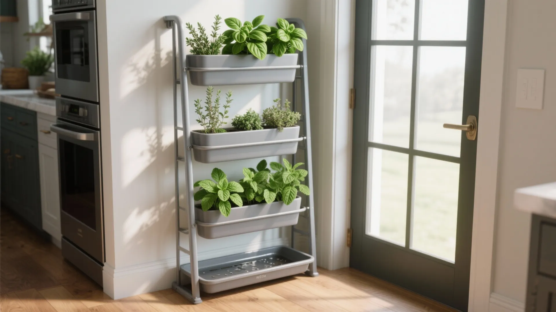 Tiered herb rack by kitchen door with basil, thyme, oregano, and mint, shallow tray catching drips.