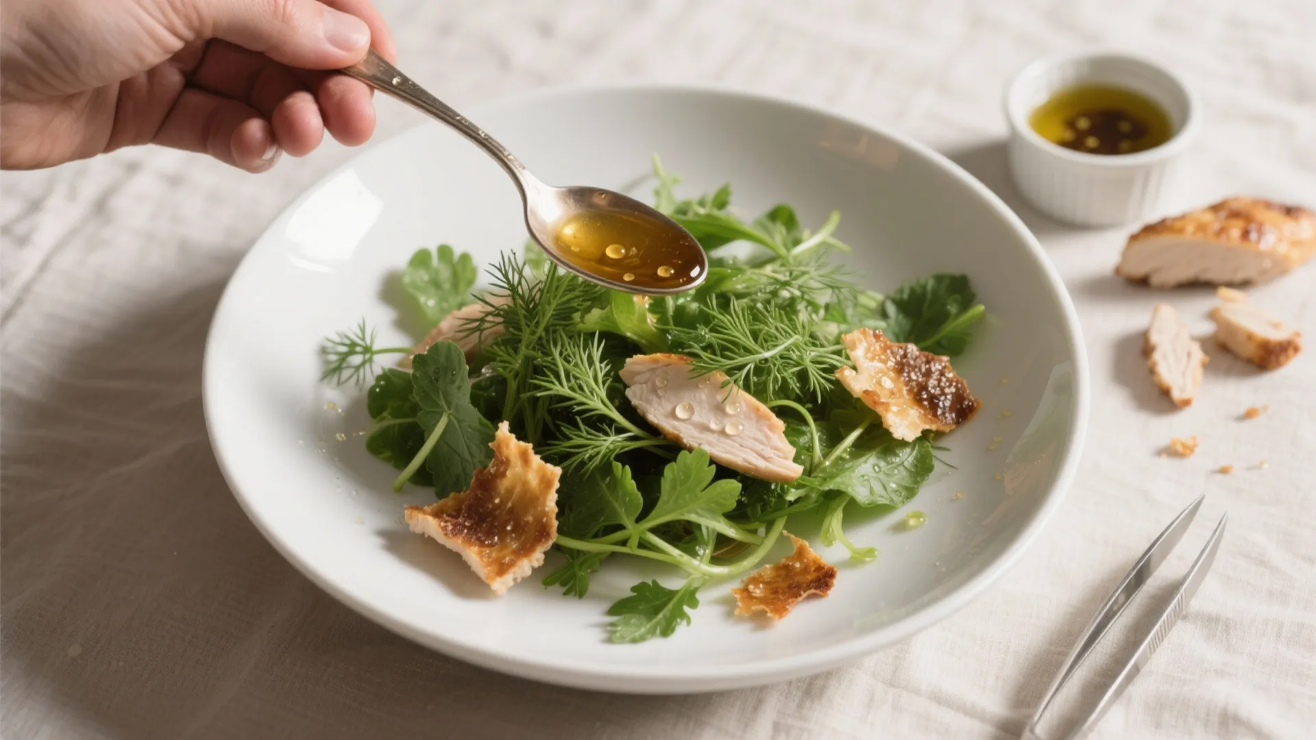 4) Herb Salad with Warm Truffle Vinaigrette and Crispy Chicken Skin