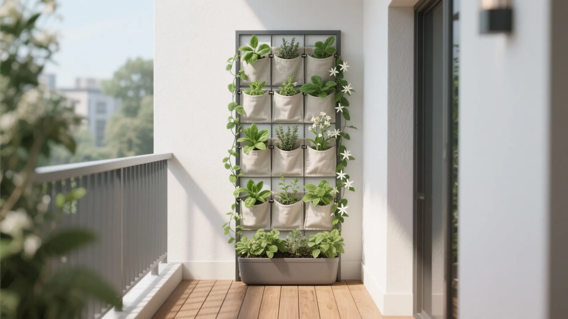 Vertical herb wall with basil, thyme, mint and a jasmine climber on a slim grid against a bright balcony wall.