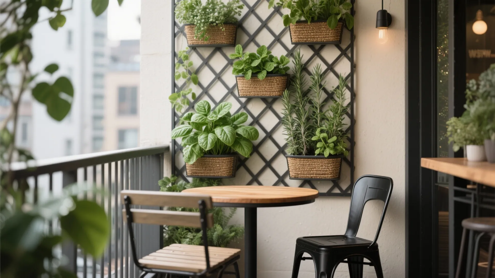 Small balcony with a wooden table two chairs and green herbs growing on a wall