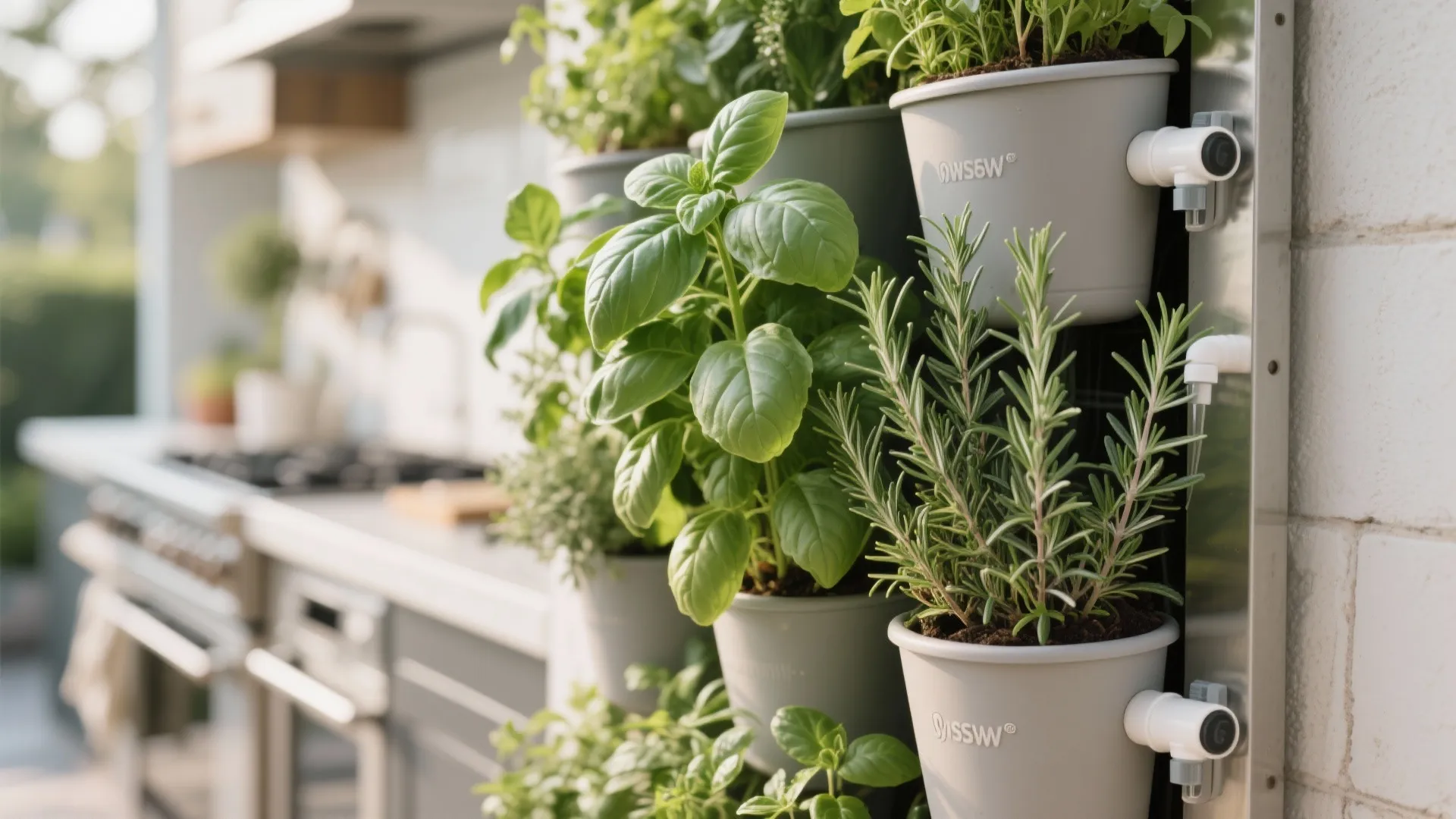 Close up of fresh green herbs in wall pots next to an outdoor kitchen area