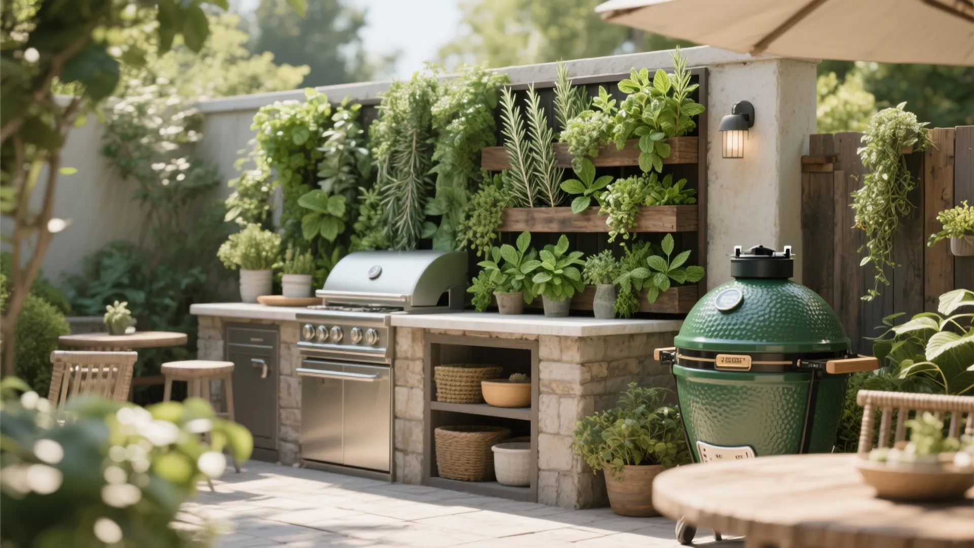 Outdoor kitchen with Big Green Egg and vertical herb wall