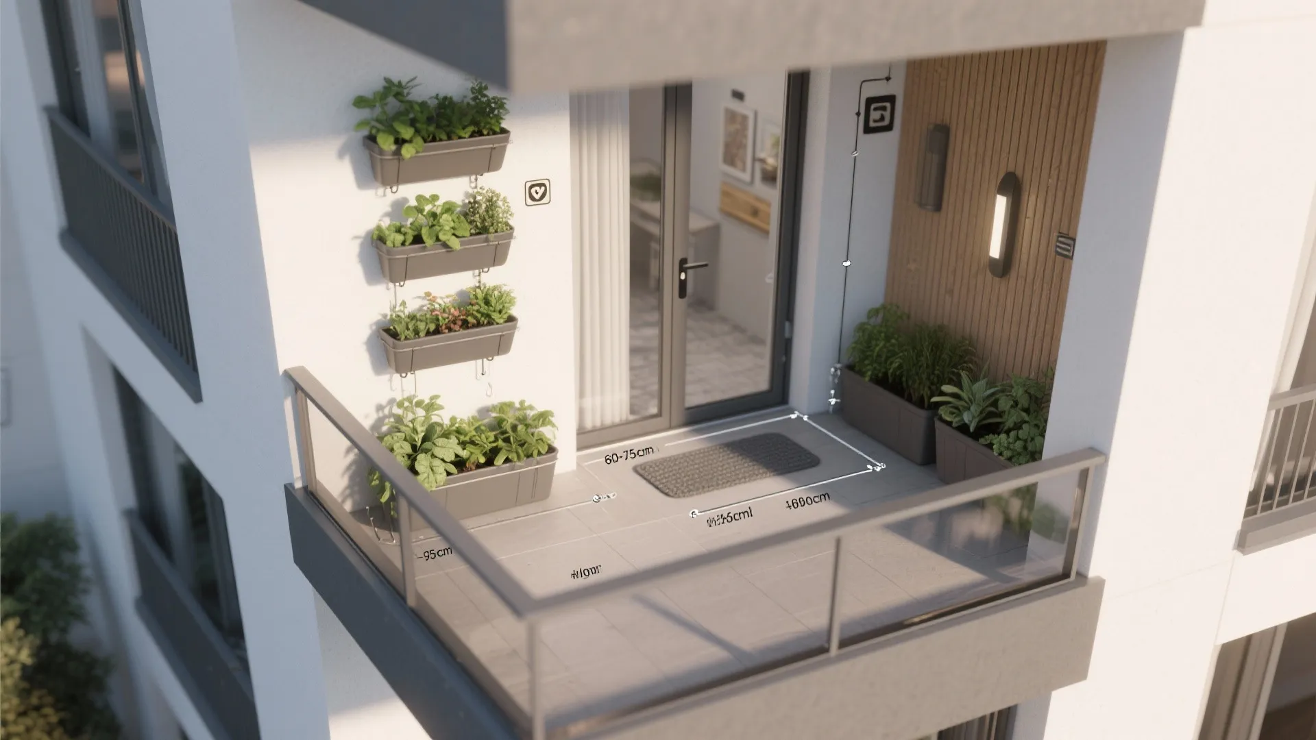 Top-down balcony plan showing tiered herb wall, drip line, and clear walkway.