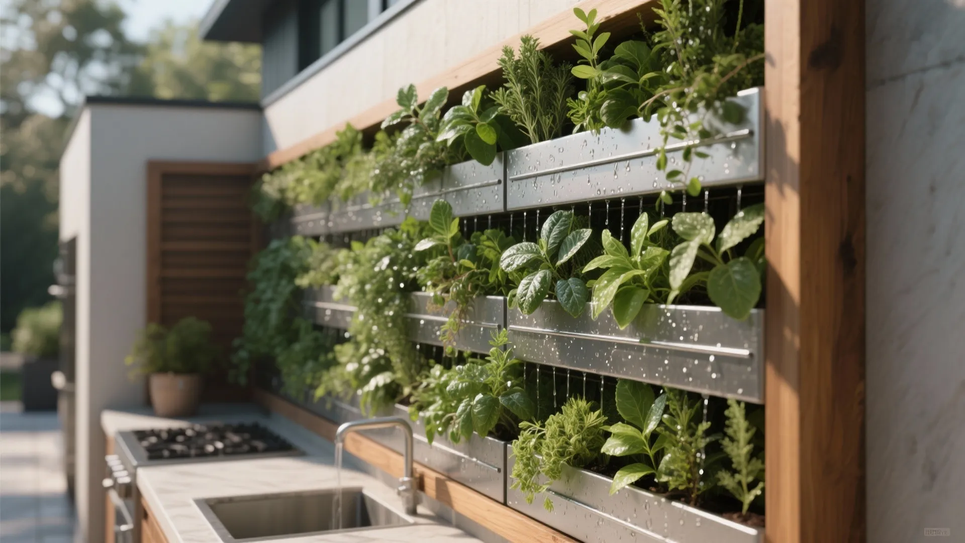 Vertical wall garden with green herbs above an outdoor kitchen sink and a metal stove