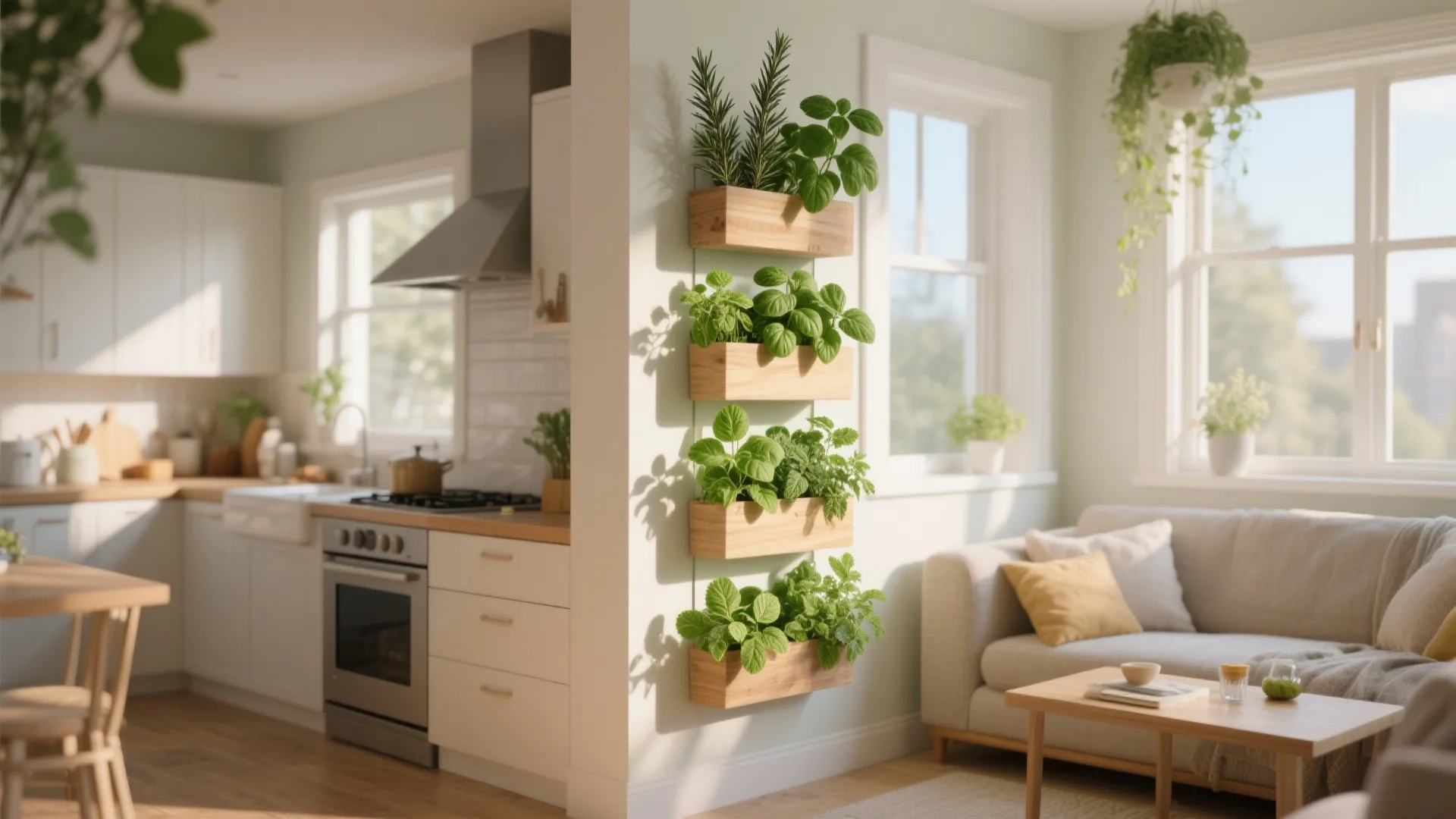 Vertical herb garden near a sunny kitchen-living room window