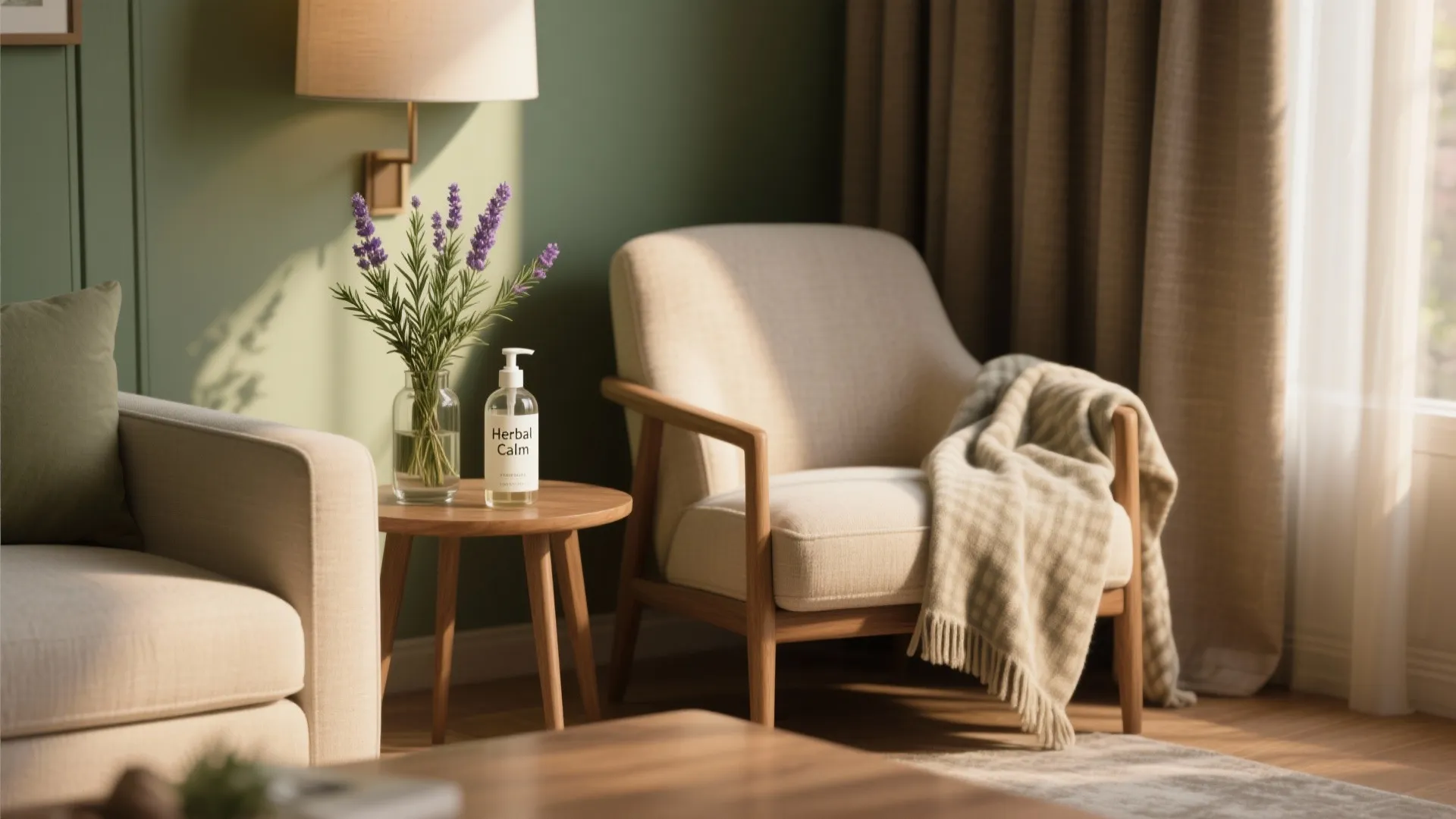 Cozy living room corner with a comfortable chair wood side table lavender and wall light
