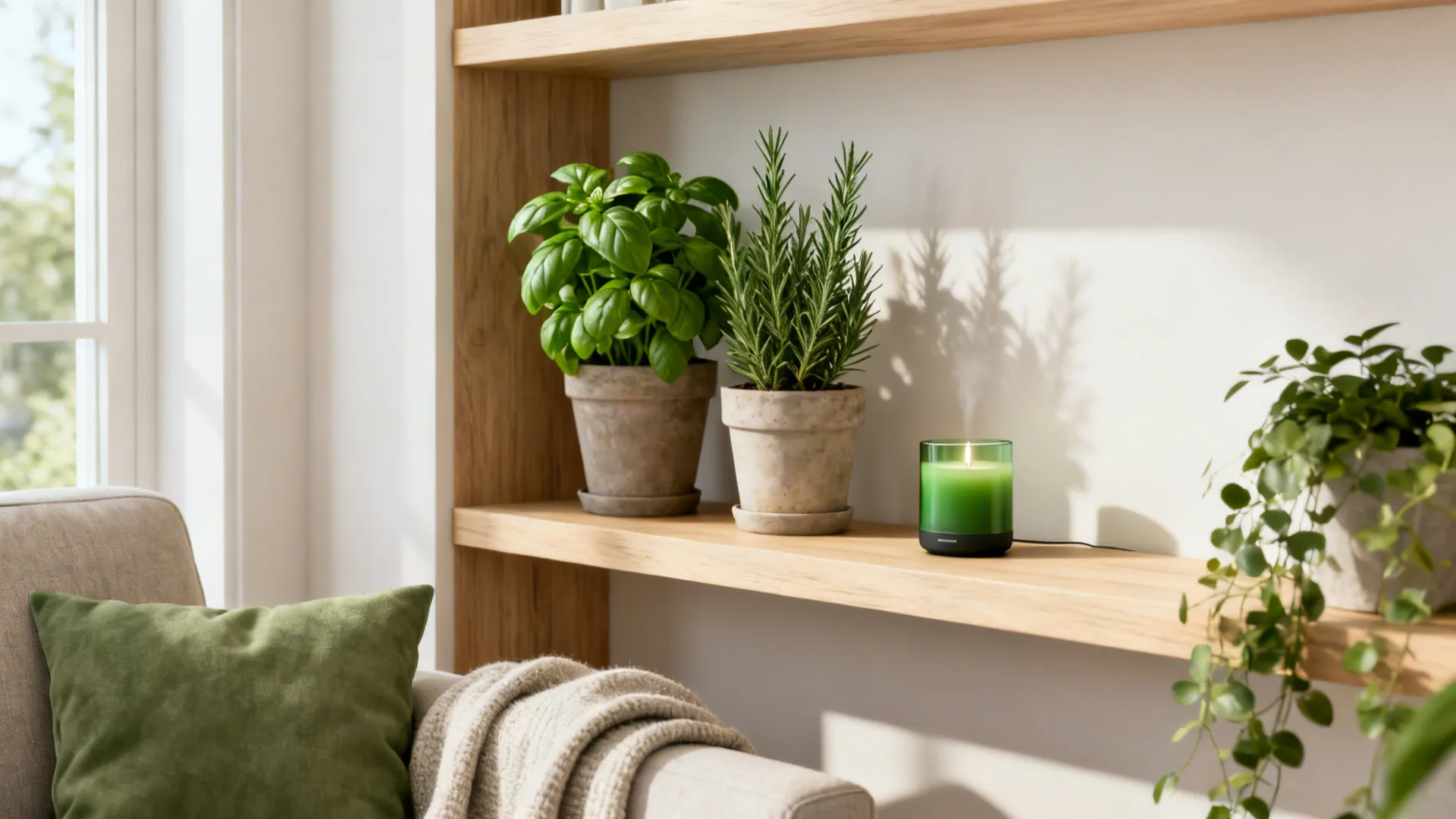 Wooden shelf with potted green plants, lit green candle, and sofa with soft green pillow