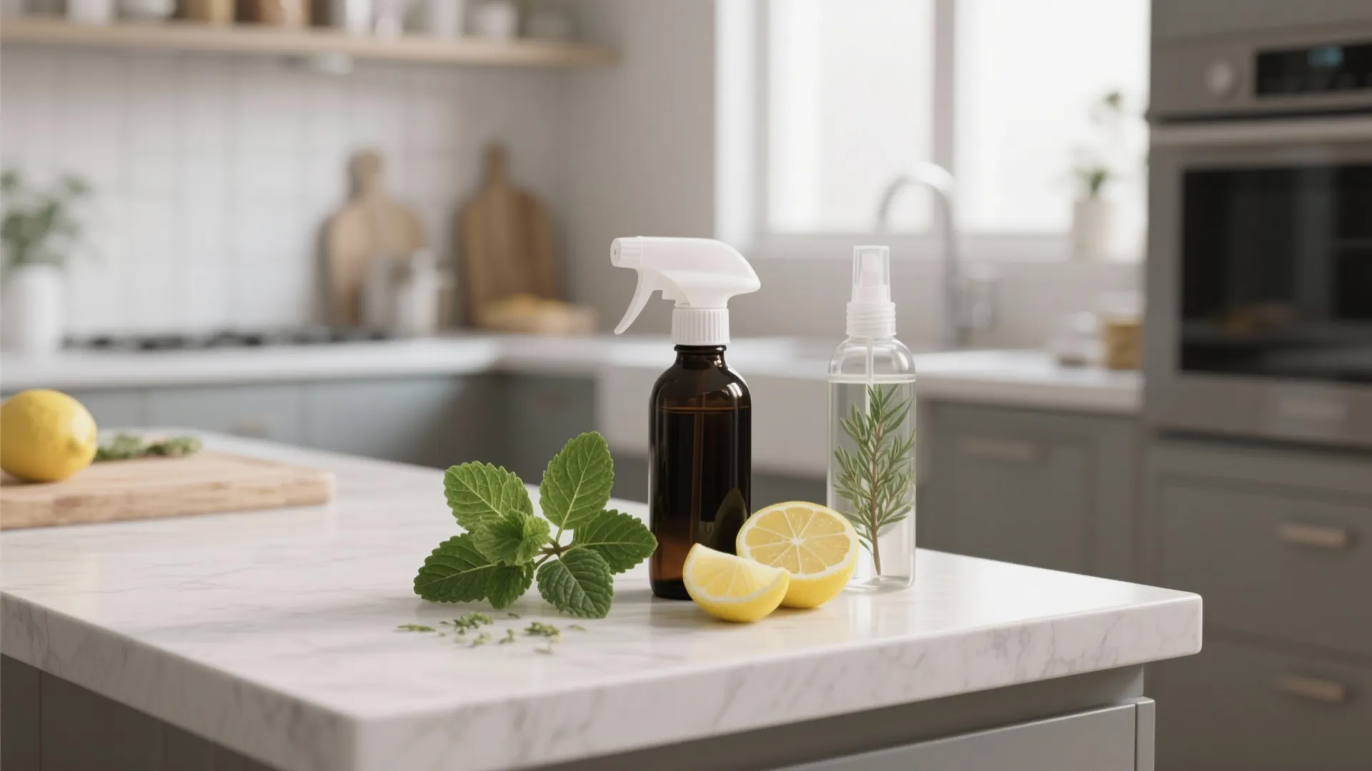 Brown spray bottles on marble counter with fresh mint leaves lemon slices in modern kitchen
