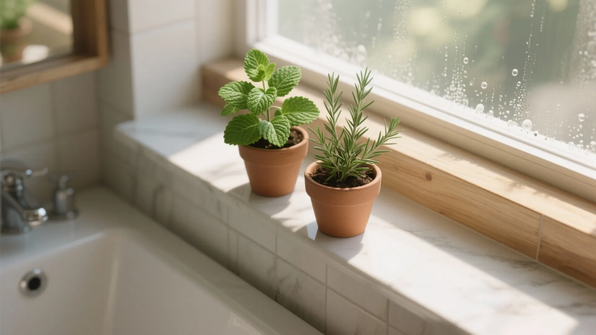 Two small green potted plants sitting on a white marble window ledge inside a bright bathroom
