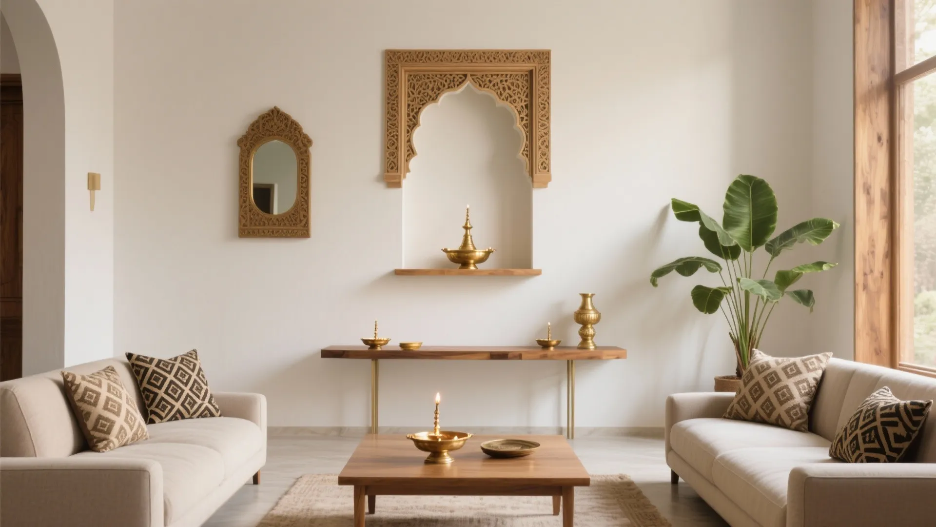2) Heritage Accents: Jharokha, Brass, and Block Prints