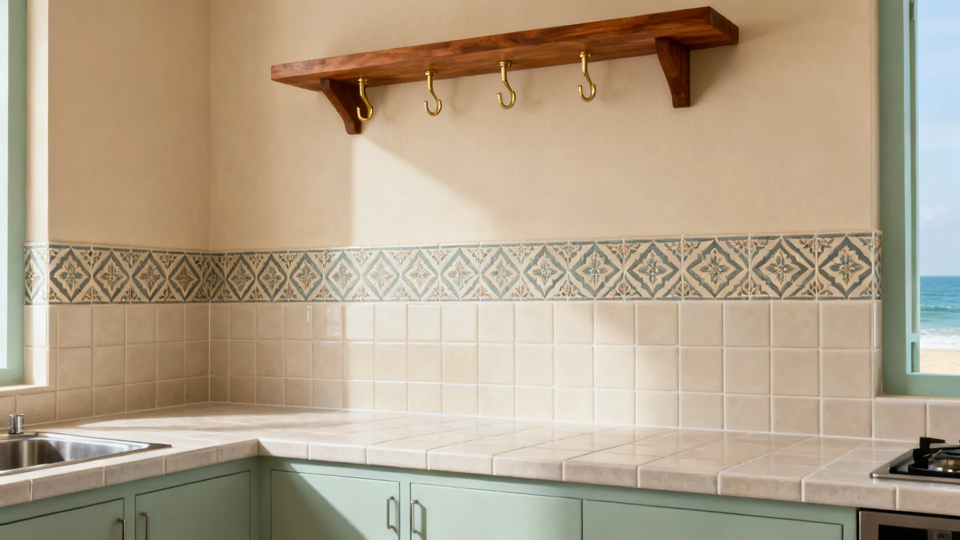 Neutral Kerala kitchen with a single heritage motif tile band and epoxy grout under soft daylight.