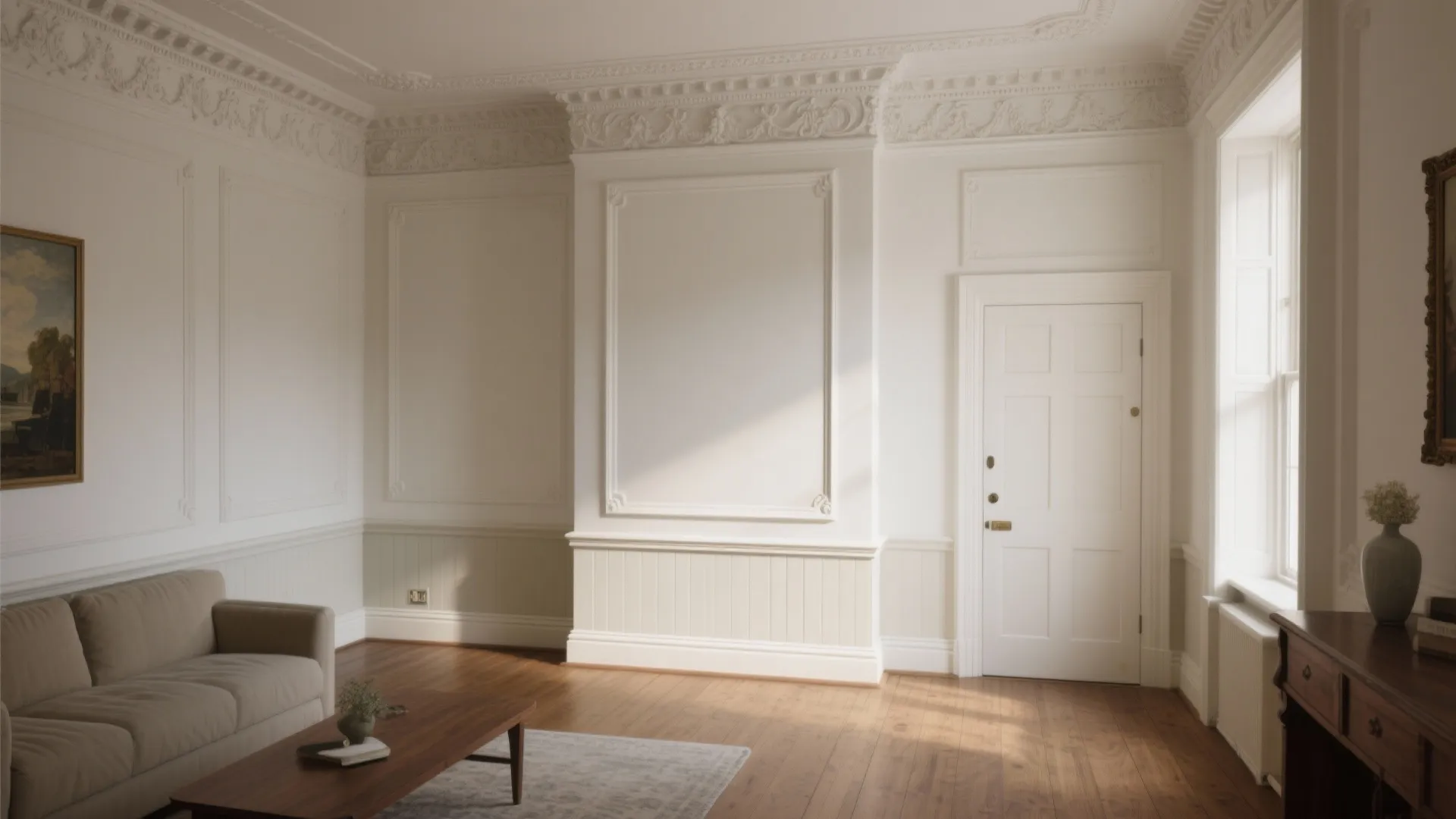 Classic living room with white wall panel decorative ceiling molding wooden floor sofa and coffee table