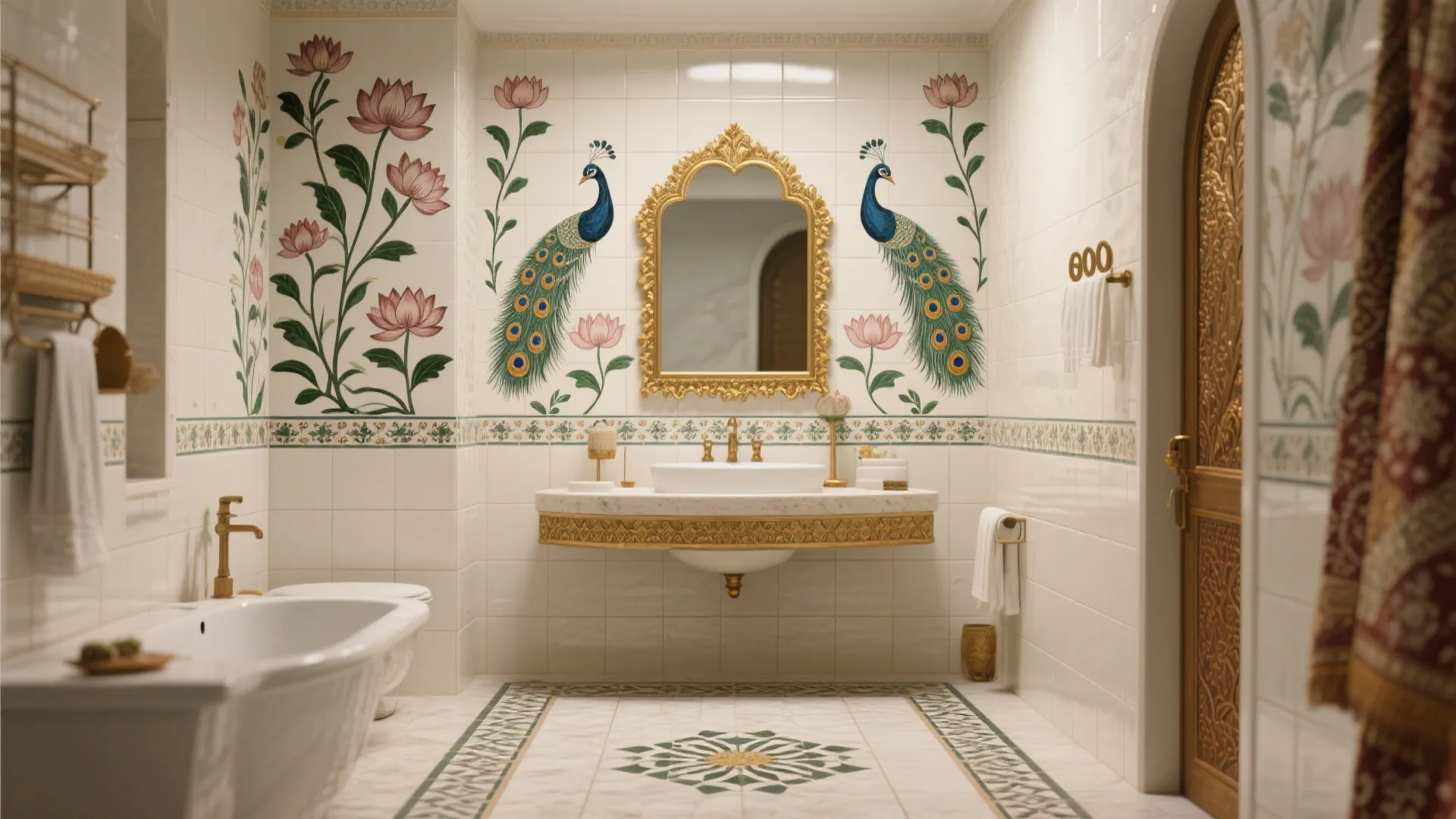 Luxury bathroom interior with peacock wall art gold mirror white bathtub and decorative patterned floor tiles