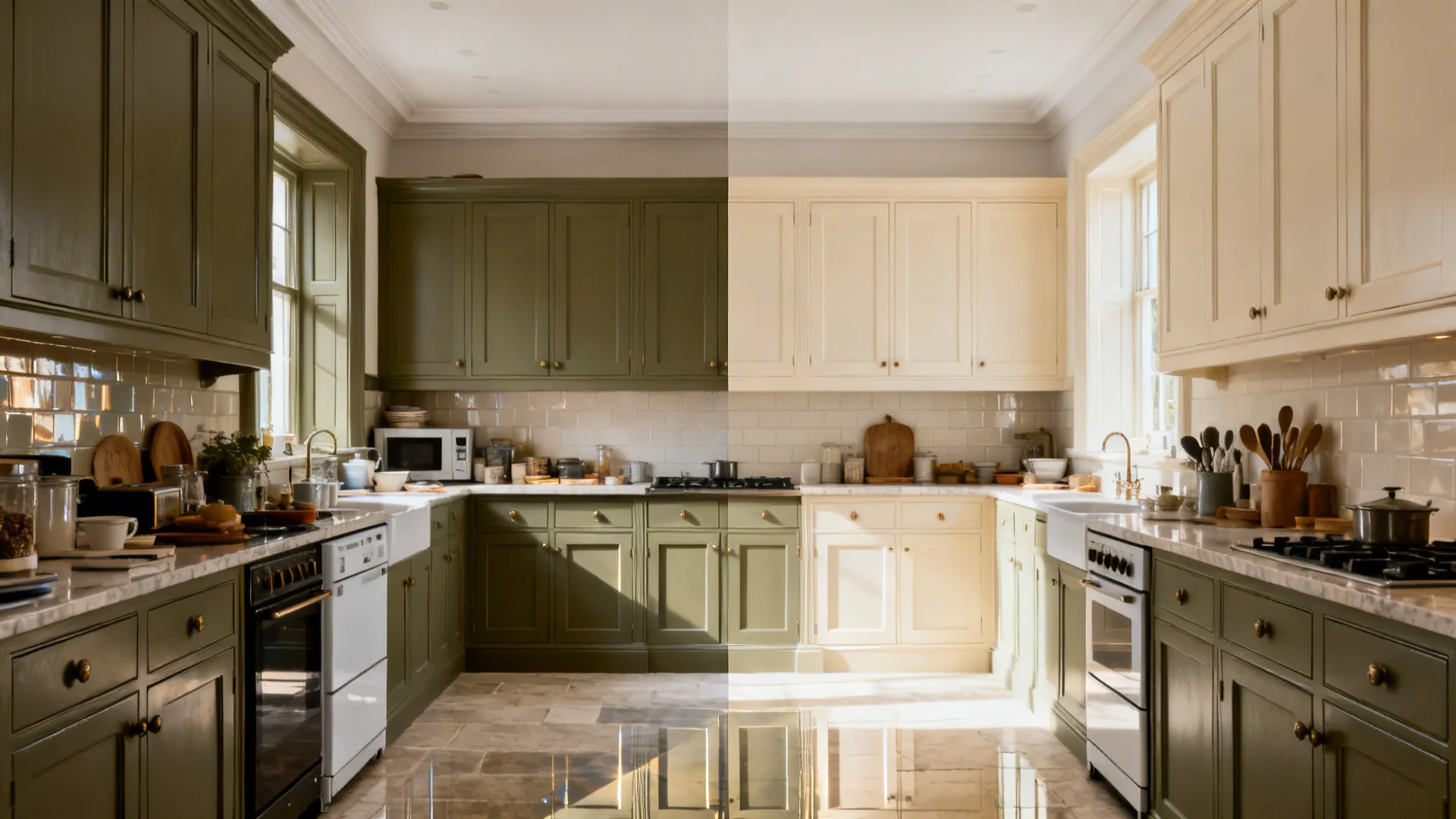 Before-and-after of a small Victorian kitchen shifting from glossy to a matte heritage palette.