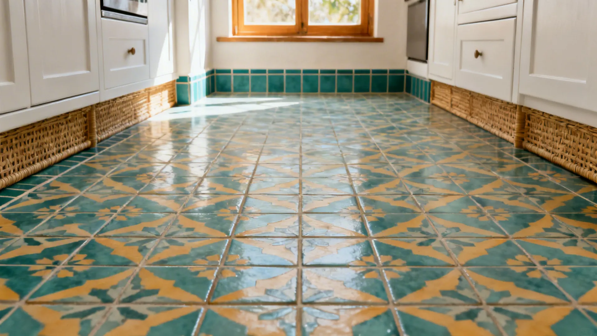 Kitchen floor with teal and yellow patterned tiles white cabinets wood window and natural light
