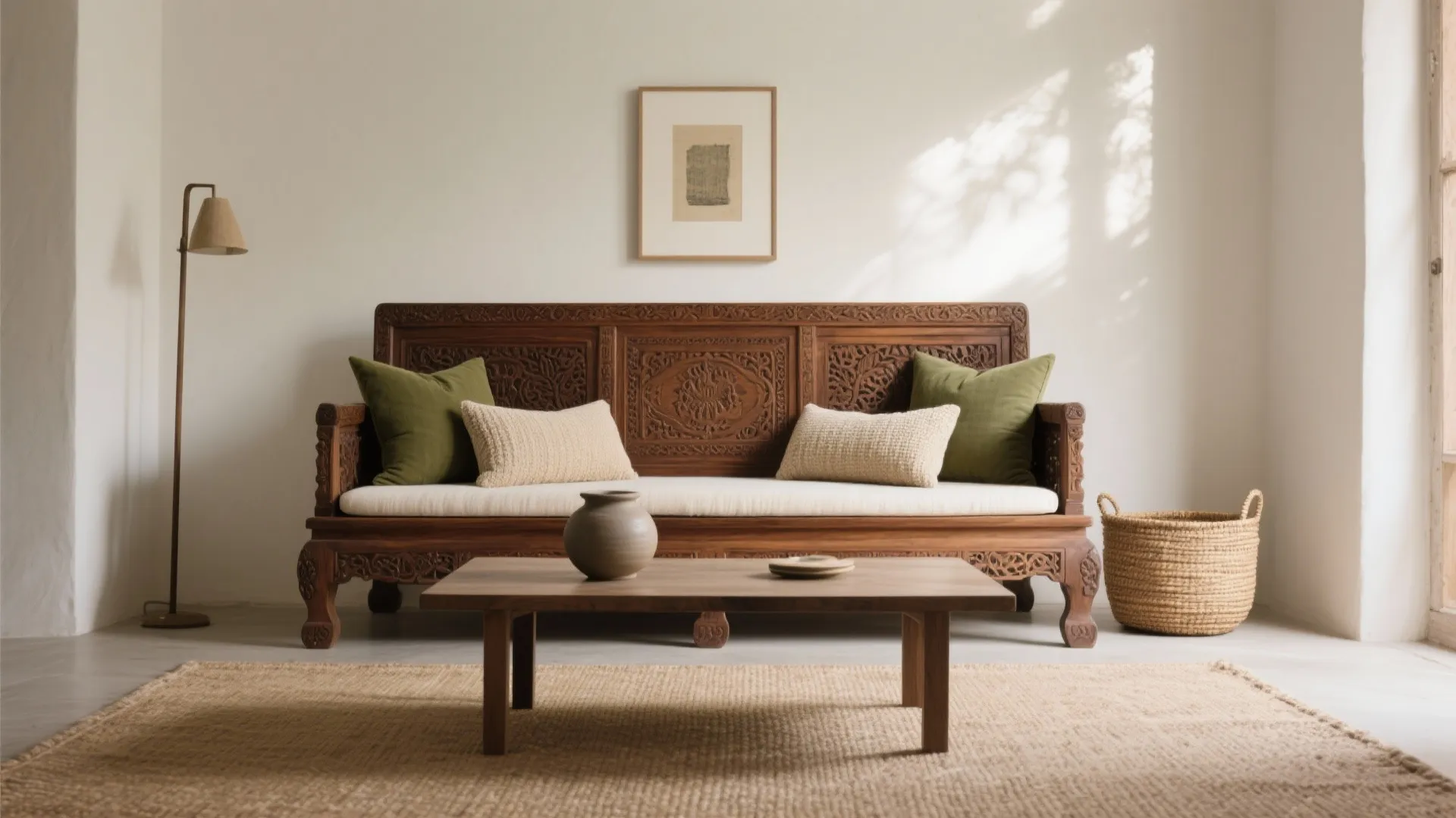 Carved wooden sofa with green cushions on a jute rug in a neutral living room