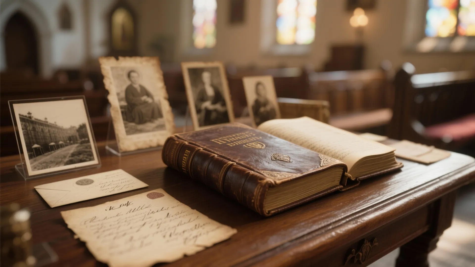 Bible, letters, and photos on heritage display table
