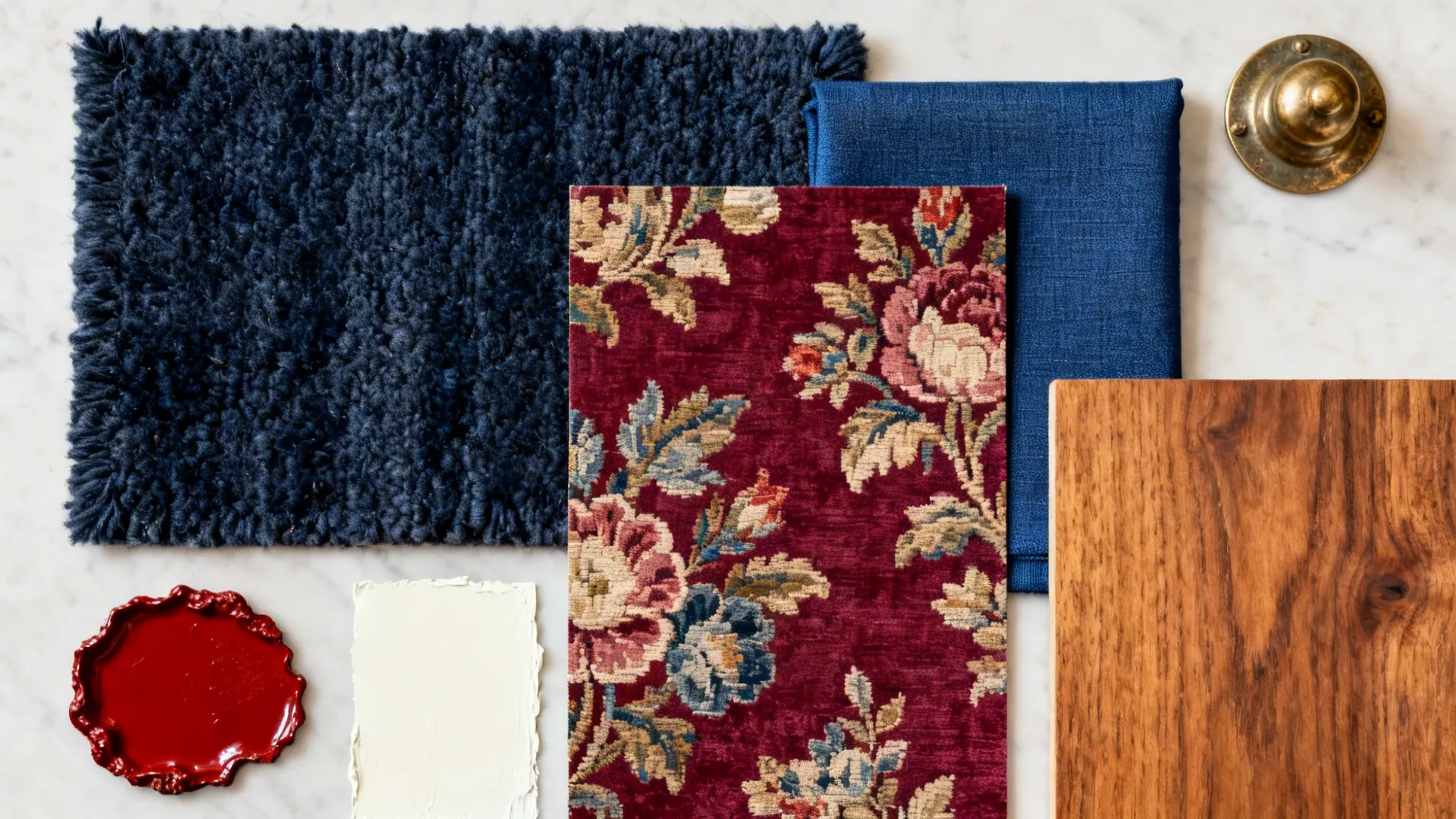 Top-down material board with navy textiles, crimson tapestry, red lacquer, wood, and brass.