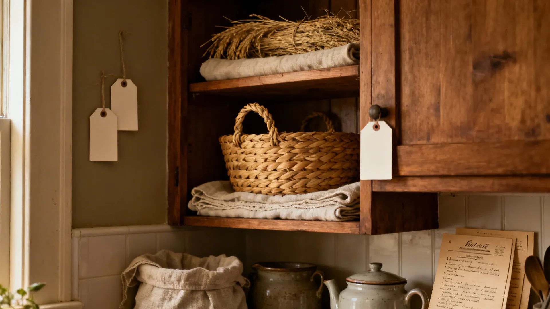 Cozy shelves with seagrass and linen-lined baskets in warm, nostalgic light.