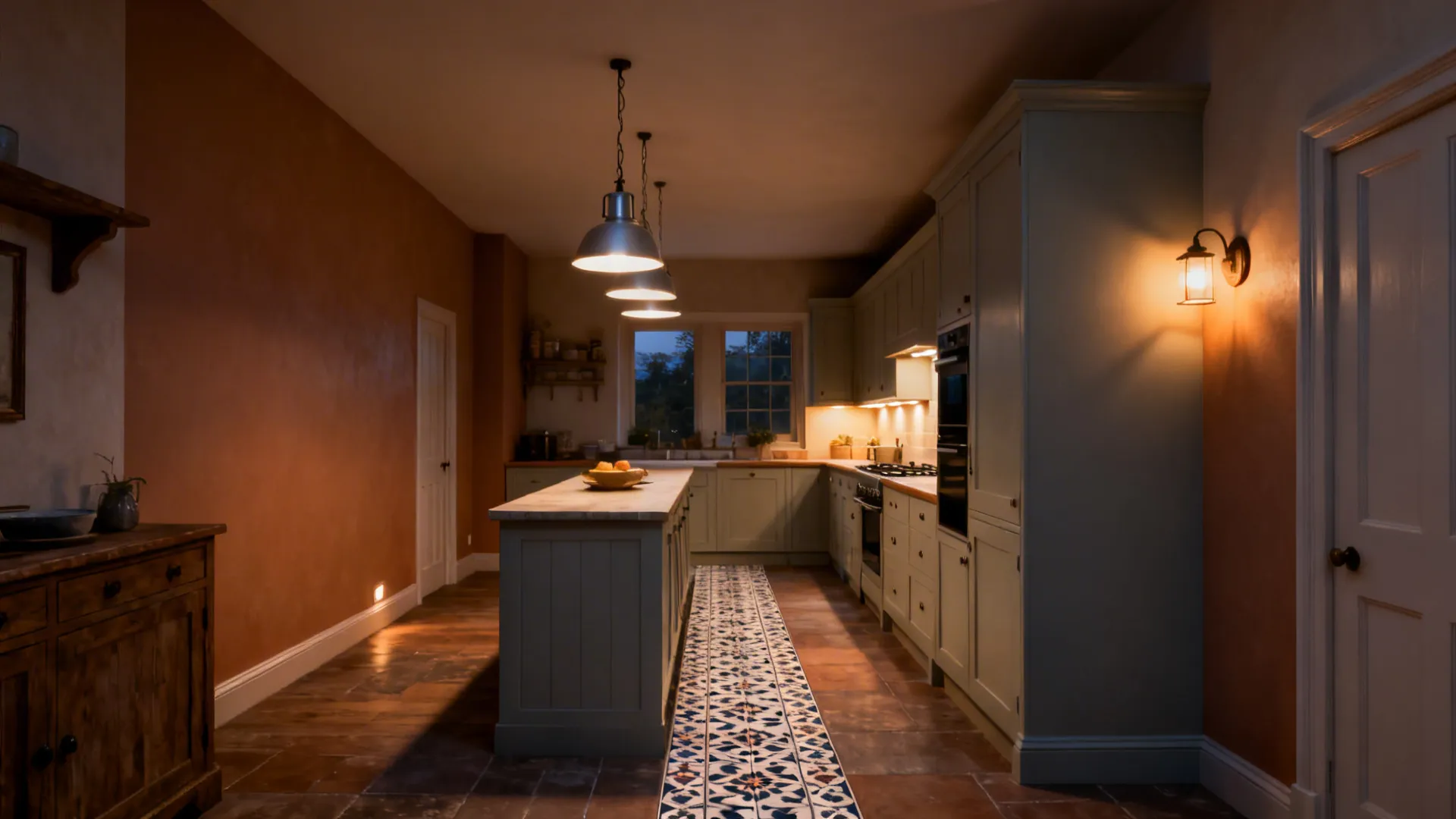 Narrow UK kitchen with schoolhouse pendants and patterned porcelain runner tiles.
