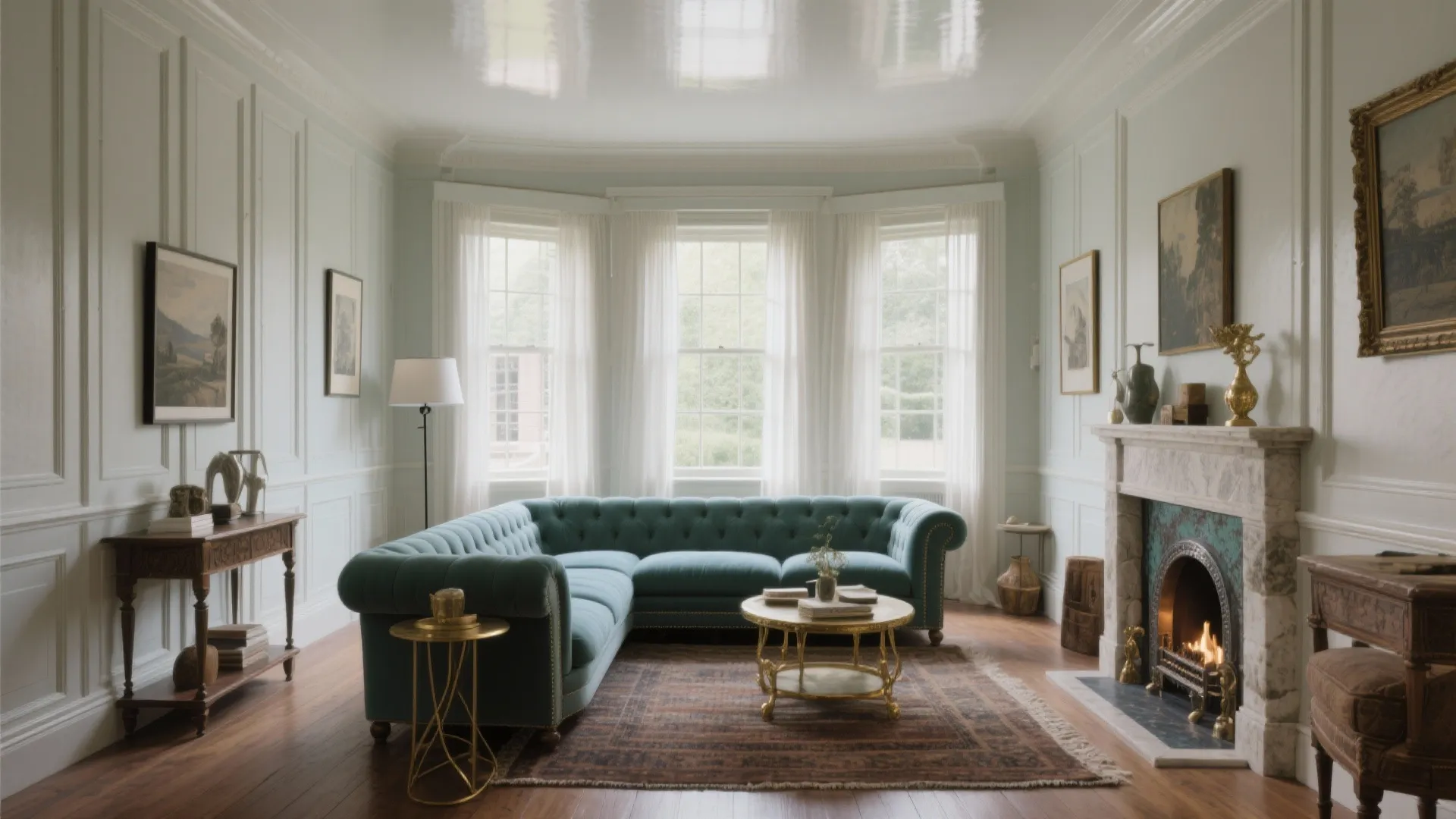 Elegant living room with blue sofa white wall panel fireplace marble mantel and large windows