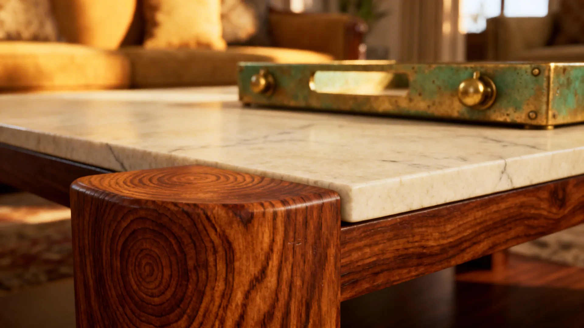 Macro of walnut wood, honed limestone, and unlacquered brass with soft patina in daylight.