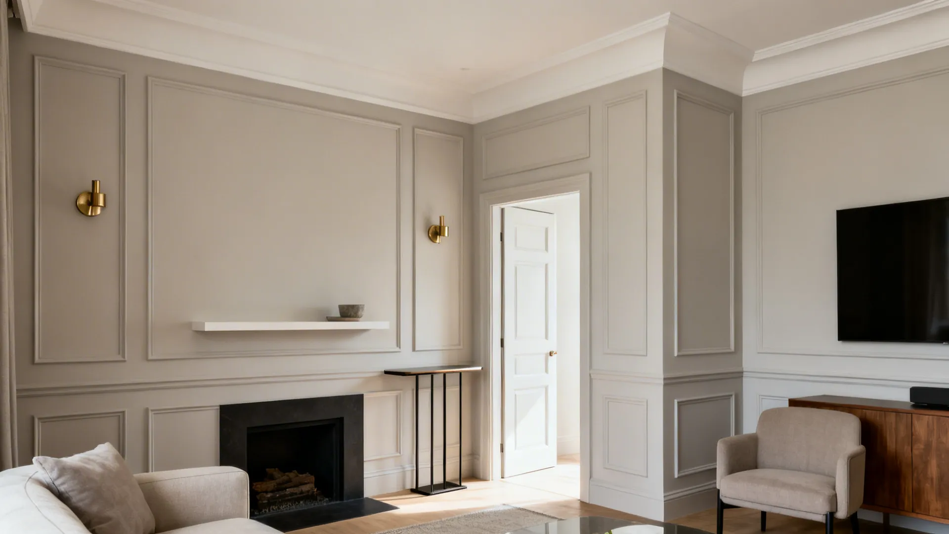 Compact living room with slim wall molding, petite mantel, and classic sconces in a tonal palette.