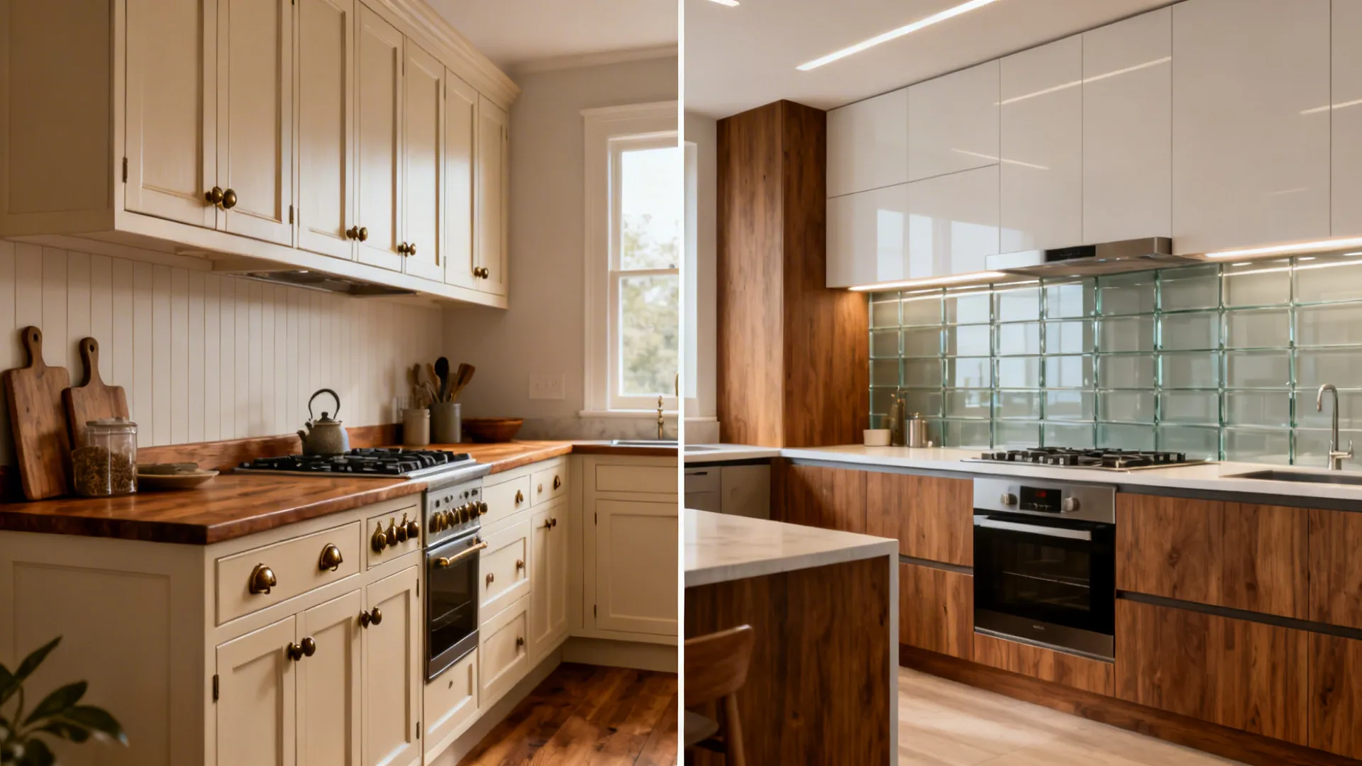 Before-and-after split: shaker-style heritage kitchen transitioning to a clean modern update.