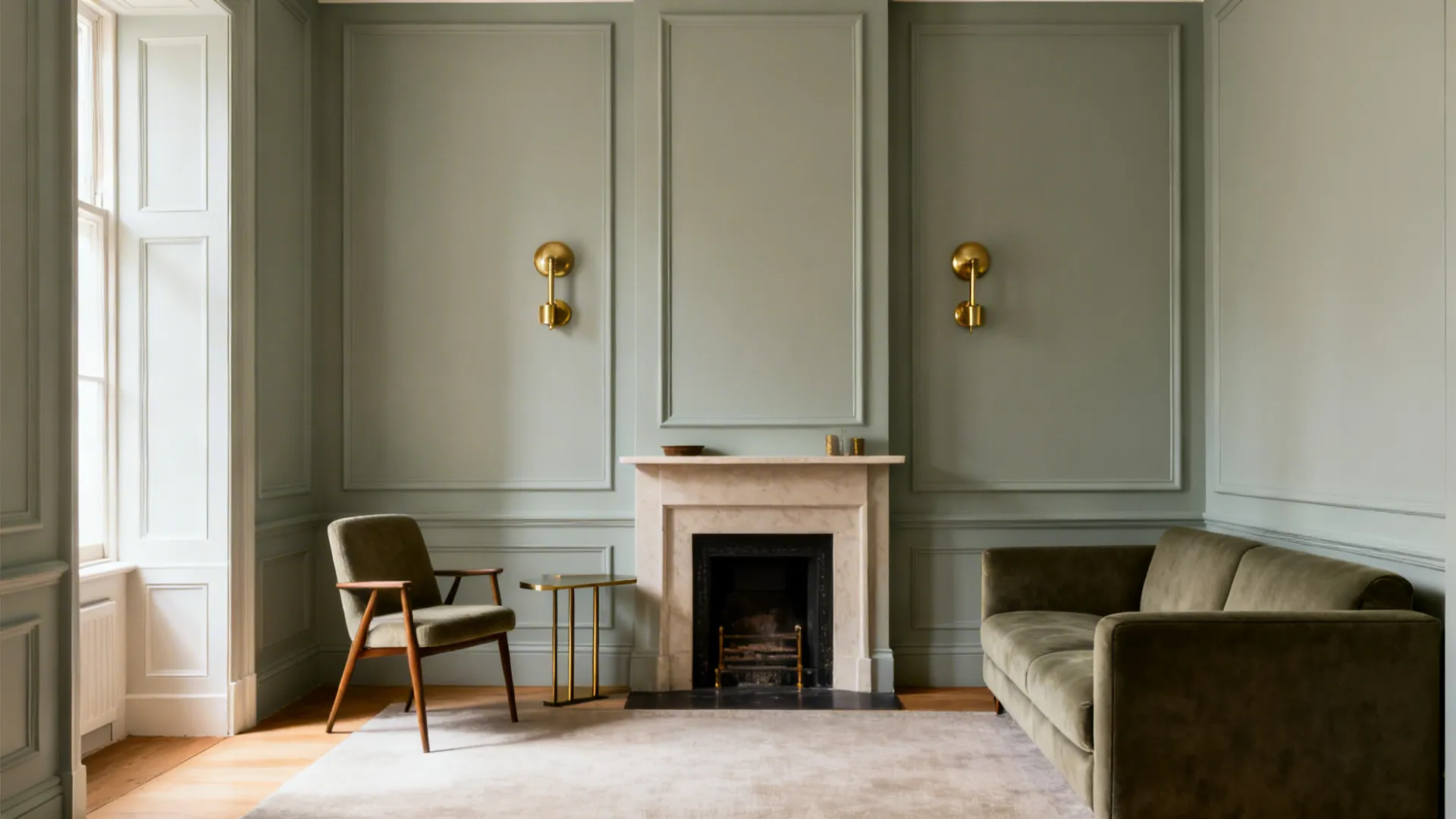 Small living room with picture-frame molding, petite mantel shelf, and classic sconces in a tonal scheme.
