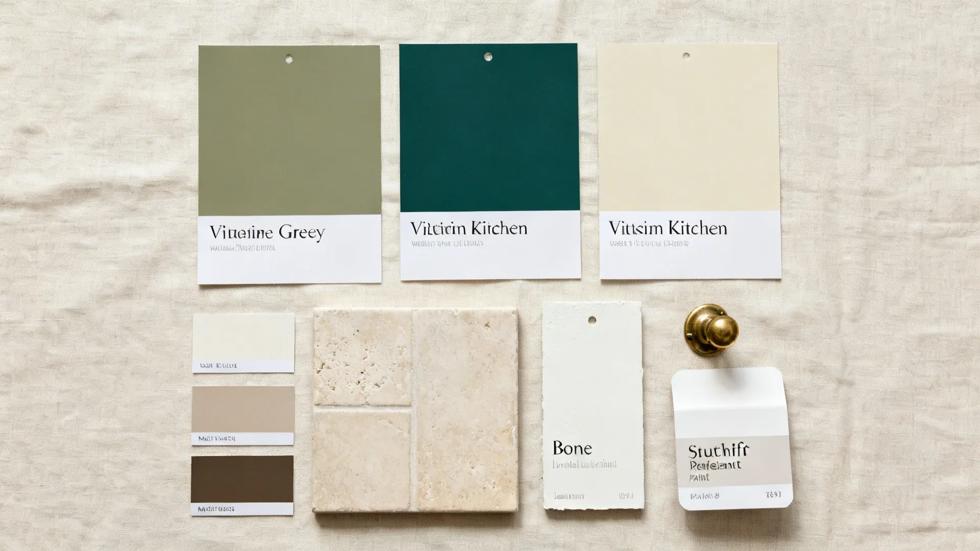 Flatlay of heritage paint cards in olive-grey, blue-green, warm ivory, with matte finish chips and pale stone tile.
