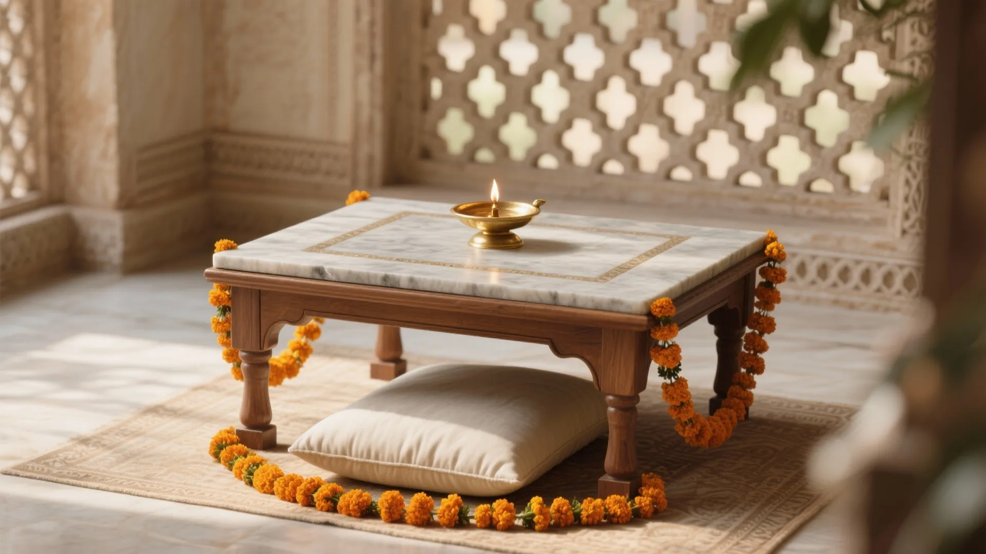 Heritage-Style Low Chowki with Lattice (Jaali) and Stone Top