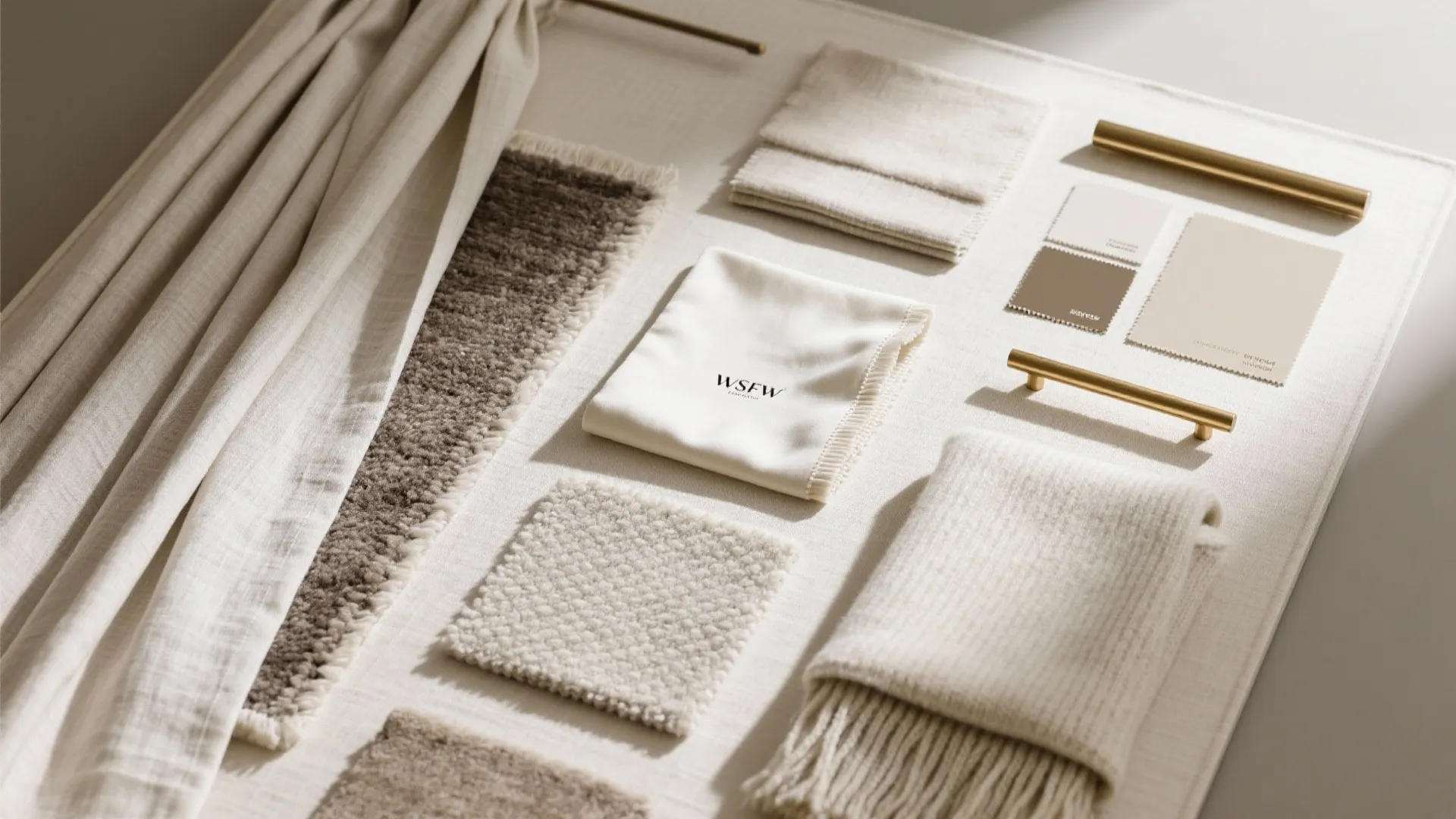 Interior design mood board with fabric samples color swatches brass handles and soft textile textures