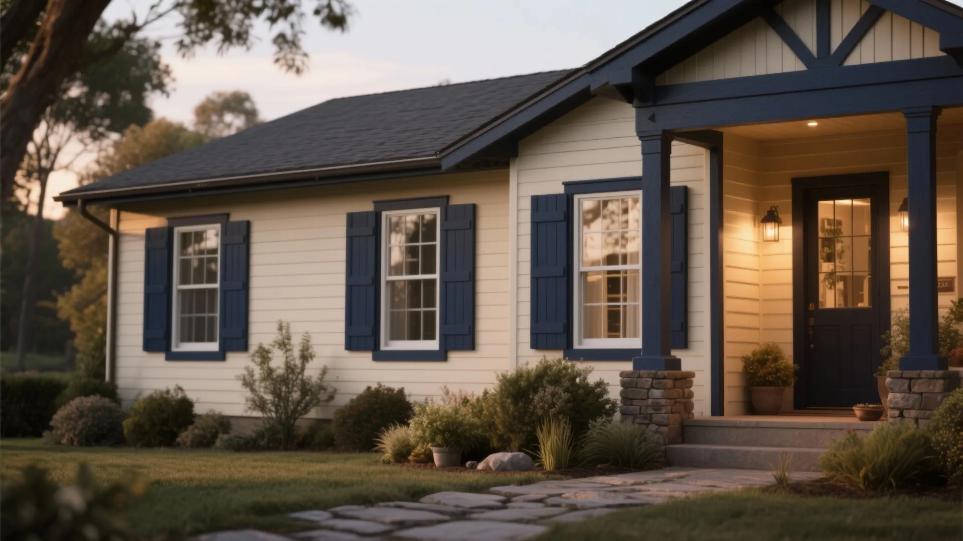 Cream colored house with dark blue window shutters, stone porch, wall lights, and stone path