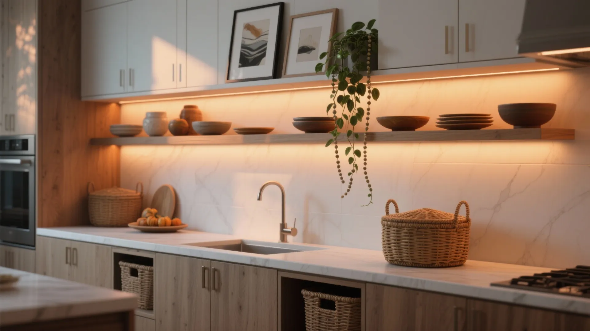 Warm kitchen interior design with wood cabinets marble backsplash floating shelf under cabinet light fixture