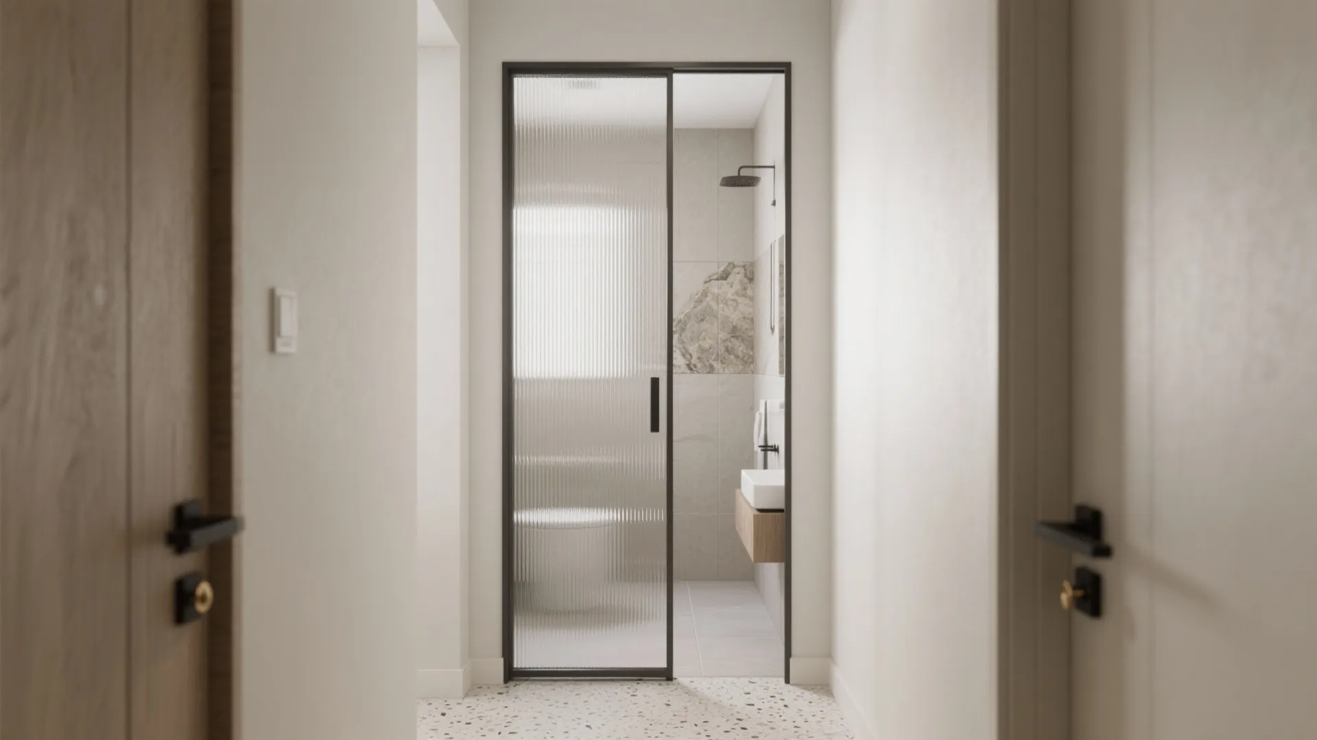 Modern bathroom interior design with a glass sliding door and black frame in a hallway