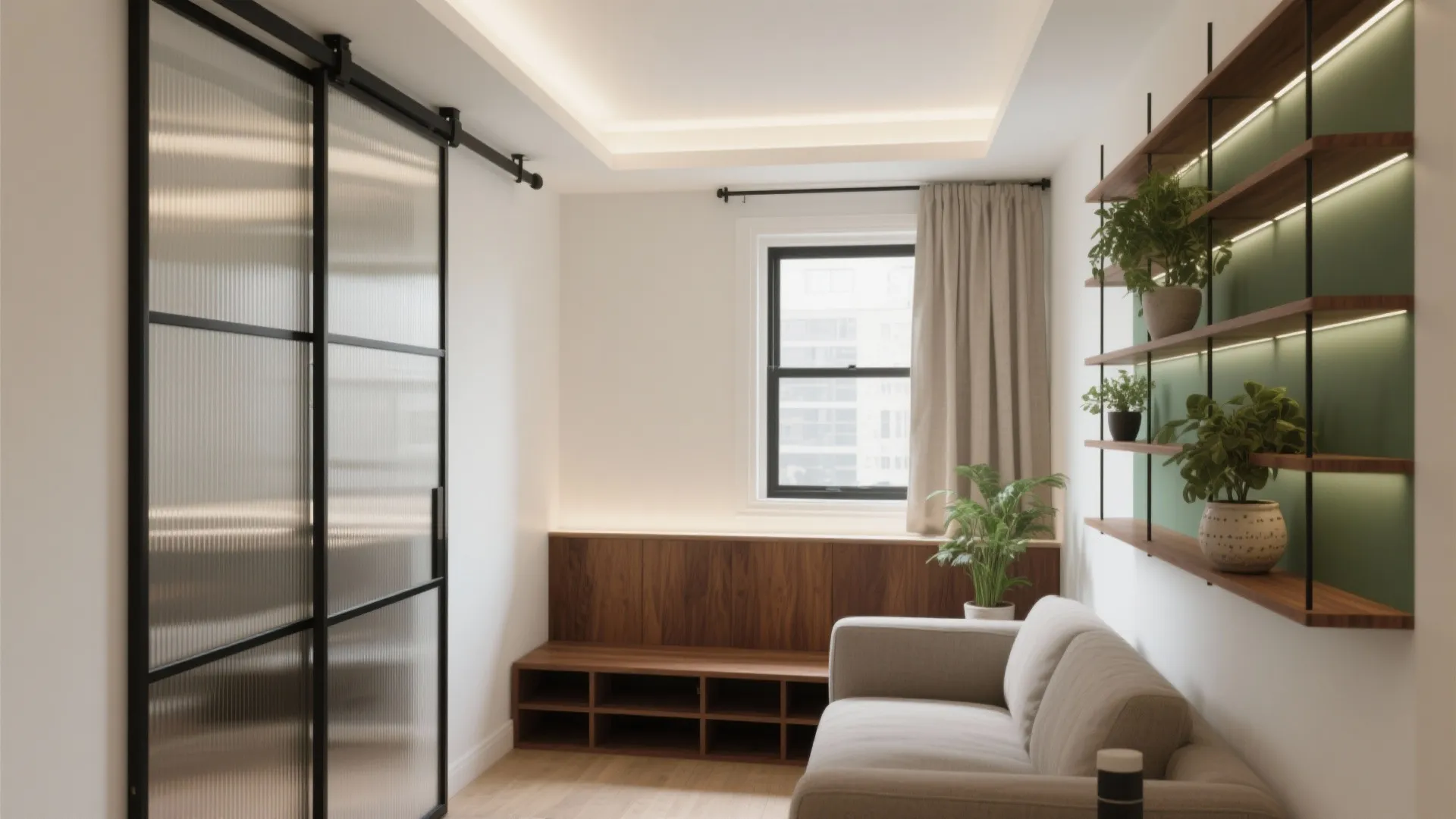 Modern living room featuring a sliding glass door wooden storage bench and green wall shelves