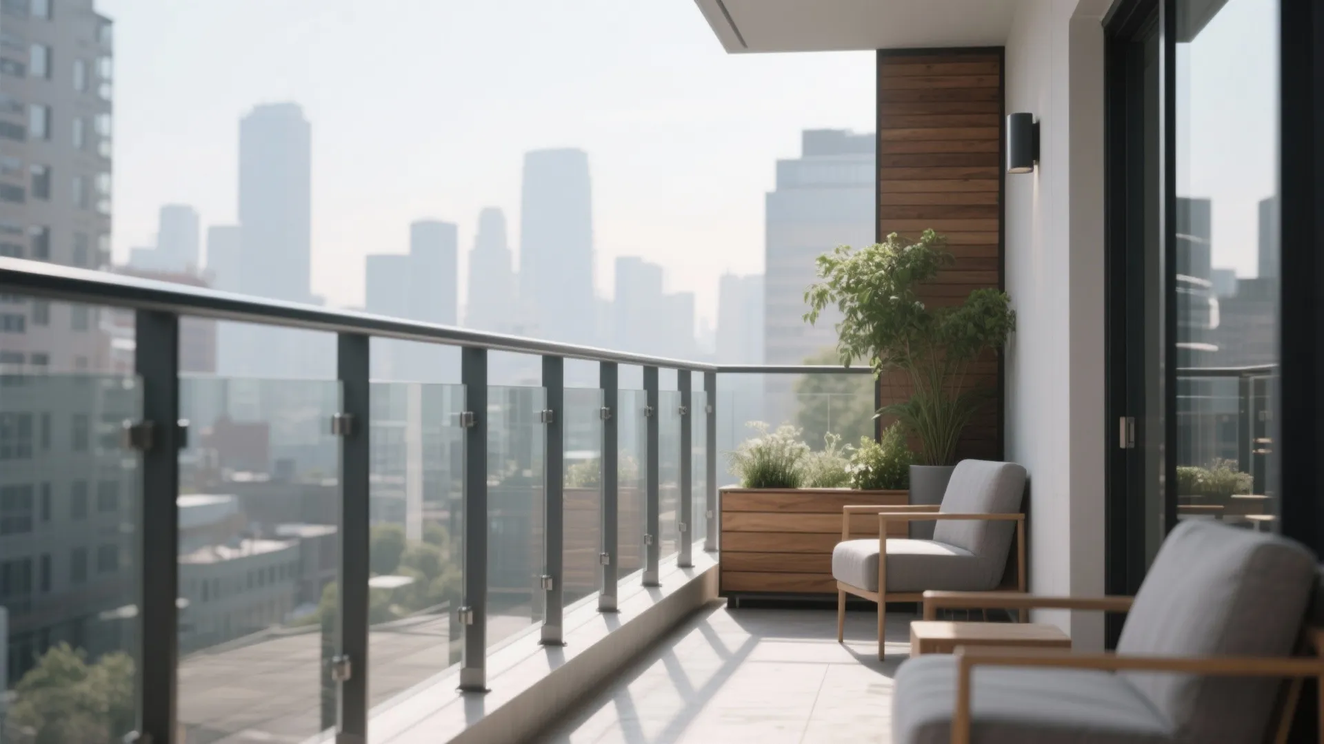 Sunny balcony featuring grey armchairs wooden wall panels glass railing and misty city building background