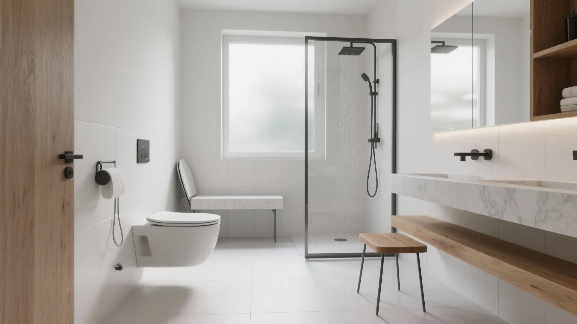 Spacious minimal bathroom with glass shower wall hung toilet wood storage shelf and white tiled walls