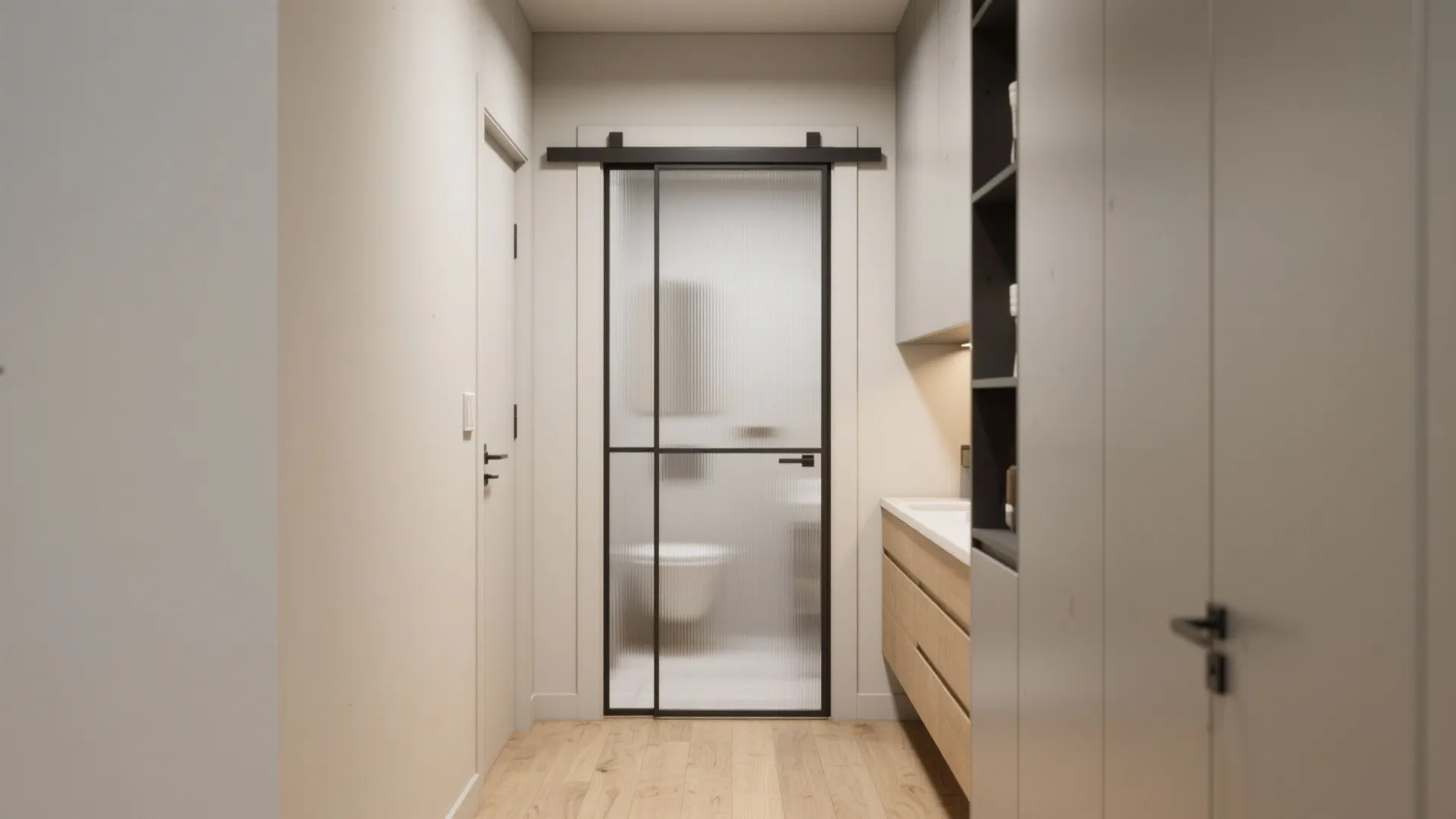 Modern hallway with wooden floor and black sliding glass door leading to clean white bathroom