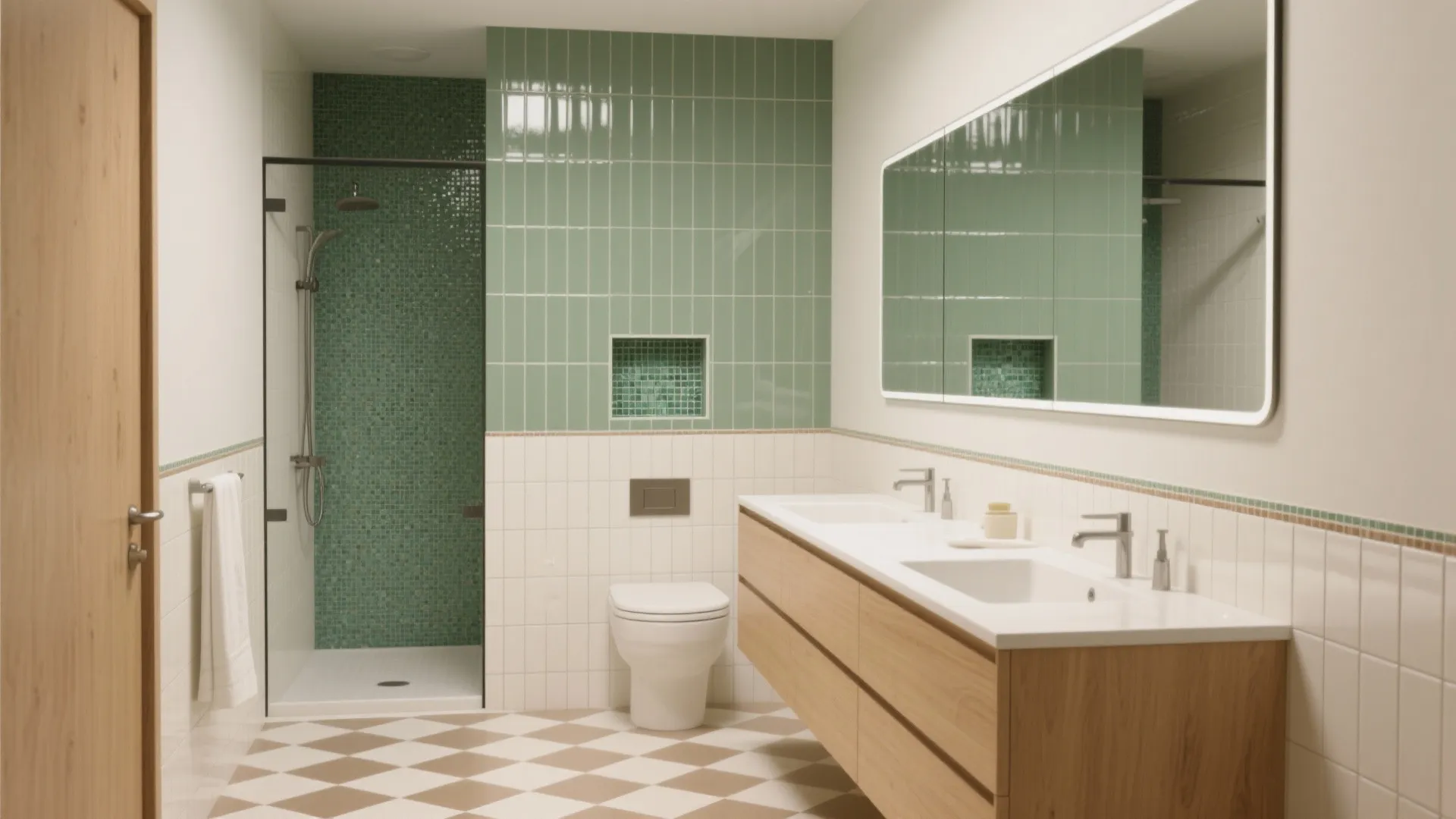 Modern bathroom with green wall tiles, wooden double sink cabinet, large mirror, and checkered floor