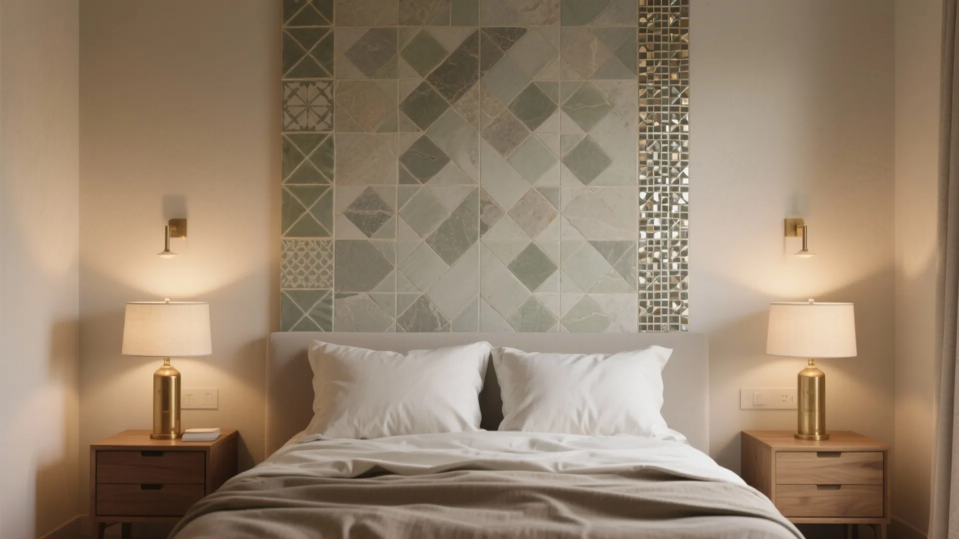 Modern bedroom with green pattern wall tiles above the bed with wooden nightstands and lamps