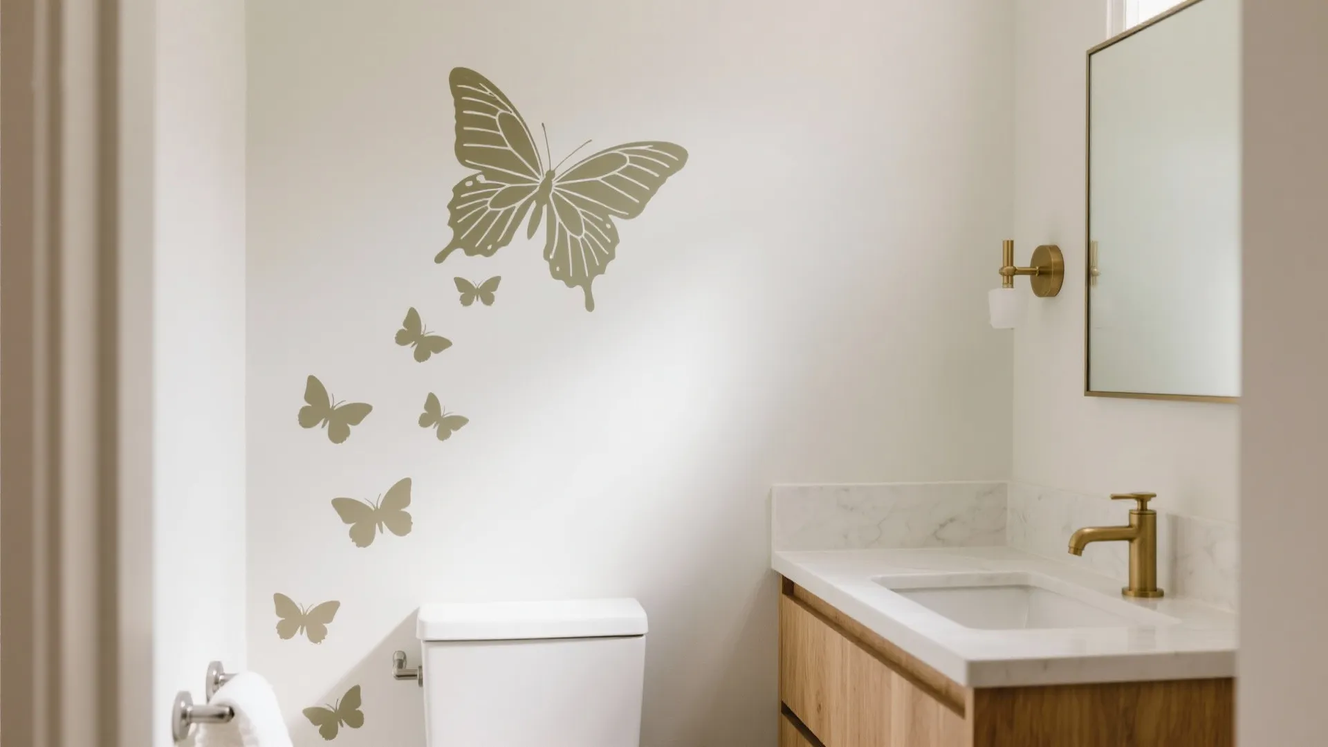 Bathroom with wood cabinet marble sink gold tap and butterfly wall stickers by white toilet