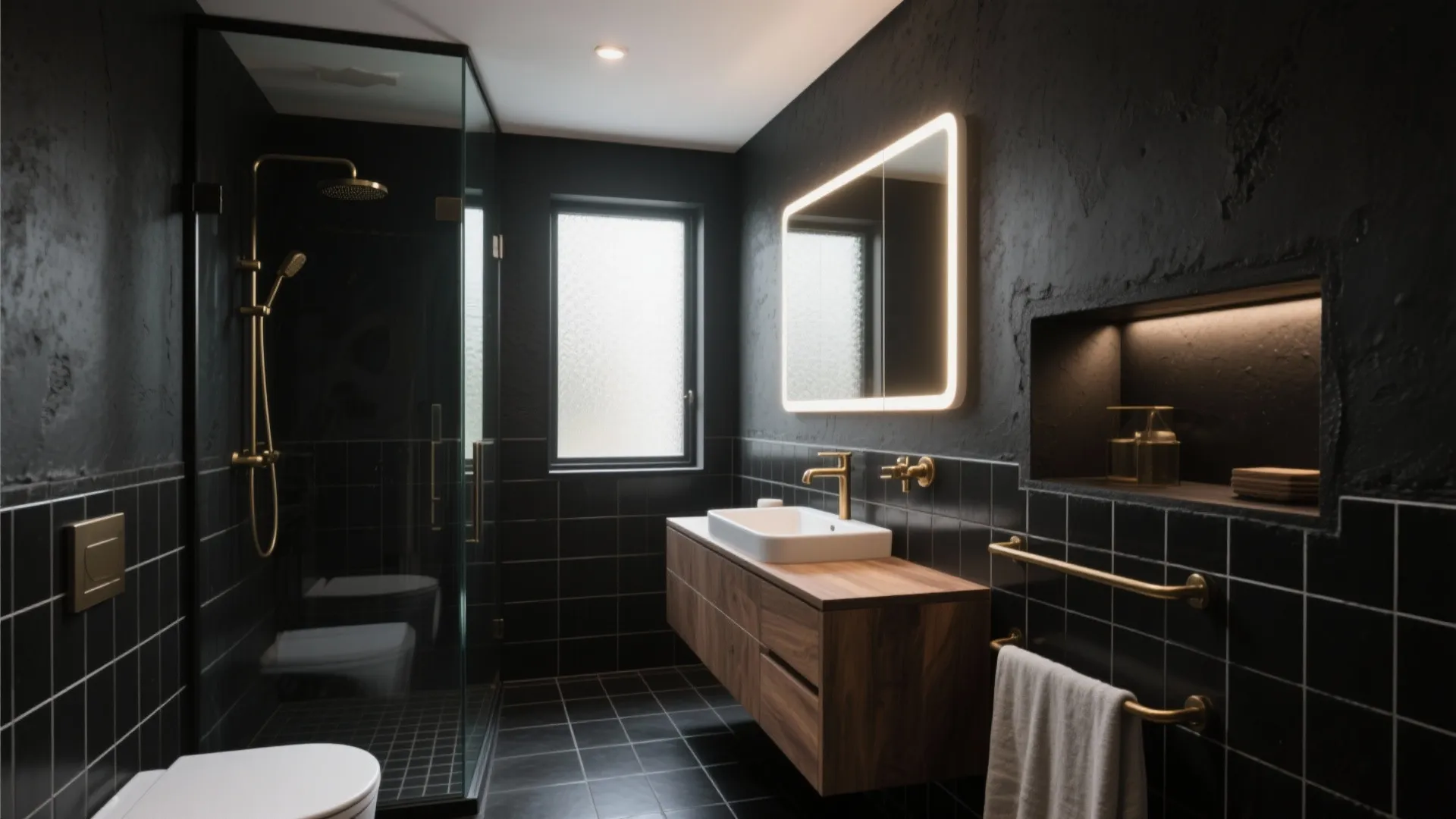 Luxury black bathroom with gold fixtures wooden cabinet white sink glass shower and glowing mirror