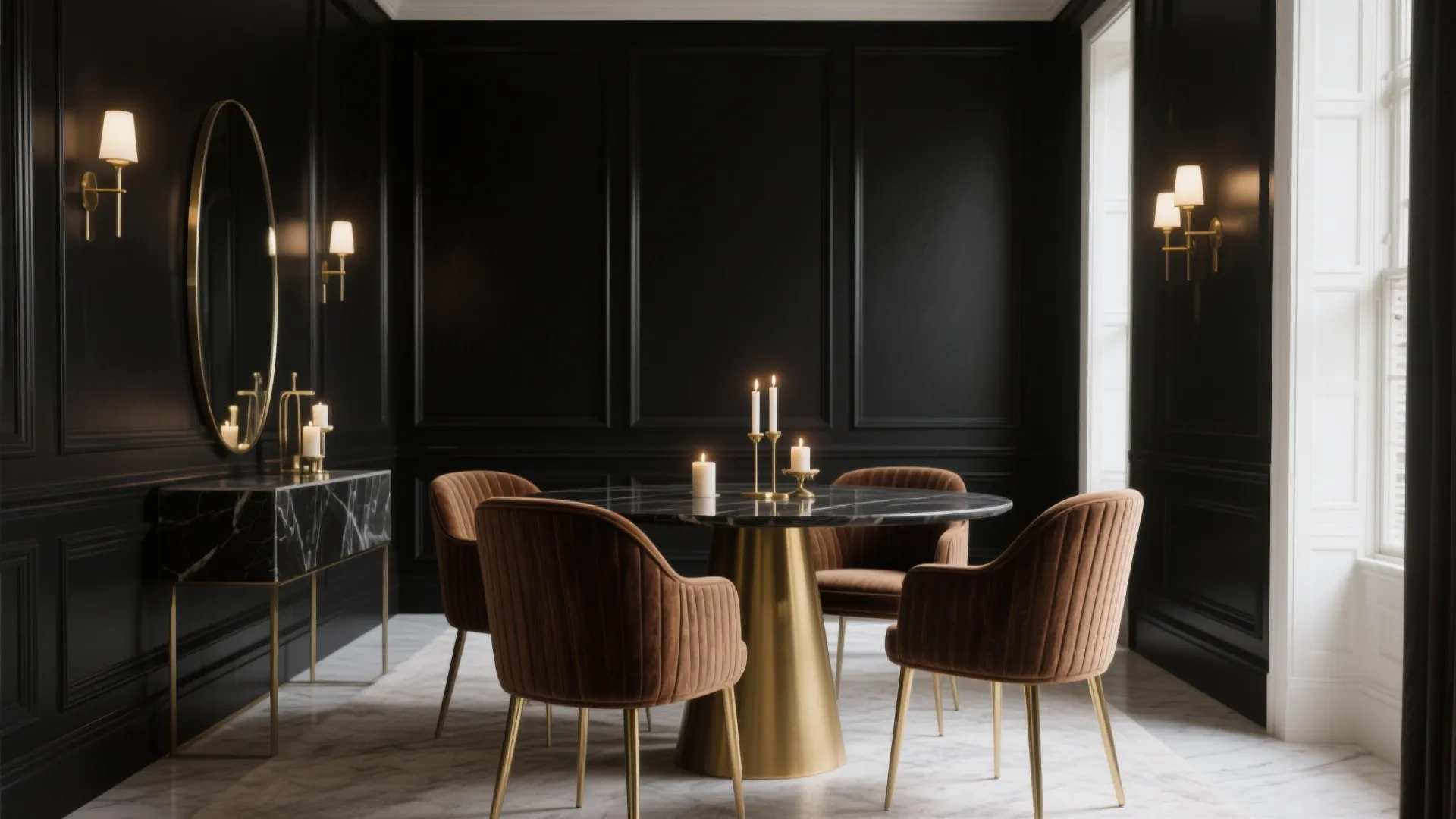 Luxury dining room with black wall panel marble table velvet chairs wall light and mirror