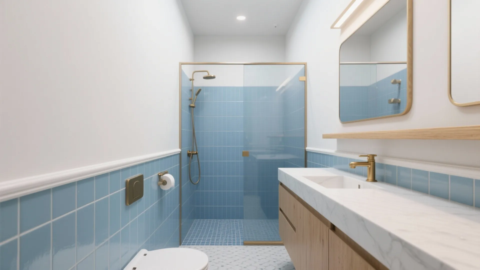 Modern bathroom with blue wall tiles glass shower door marble sink and light wood cabinet