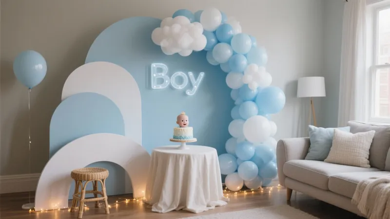 Blue & White Baby Shower Decor with Neon 'Boy' Sign