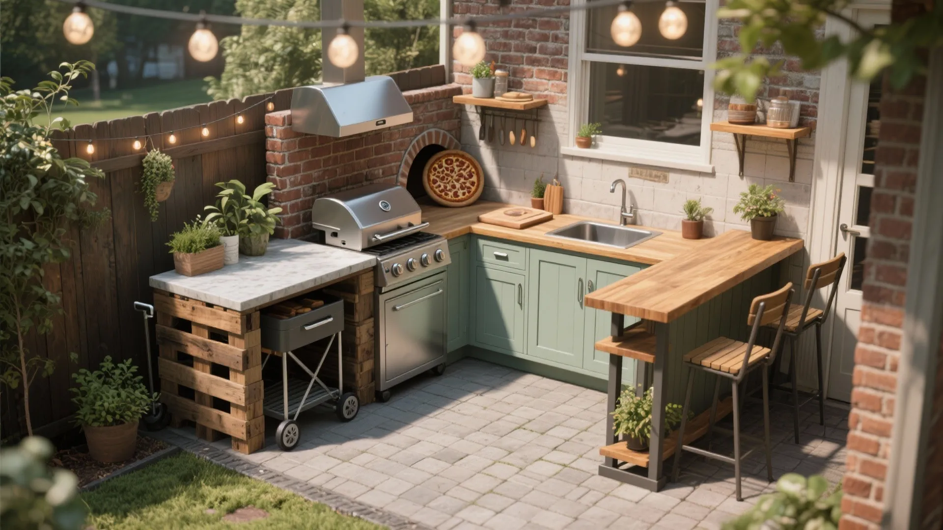 Outdoor kitchen design featuring green cabinets, wooden countertops, a pizza oven, grill, and breakfast bar