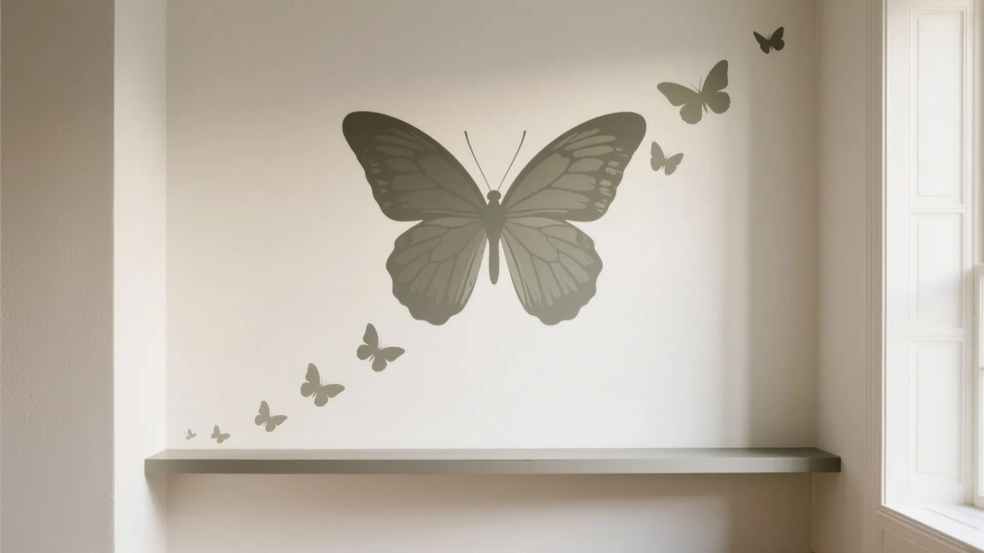 Large grey butterfly wall sticker above a wooden shelf with smaller butterflies flying toward the window